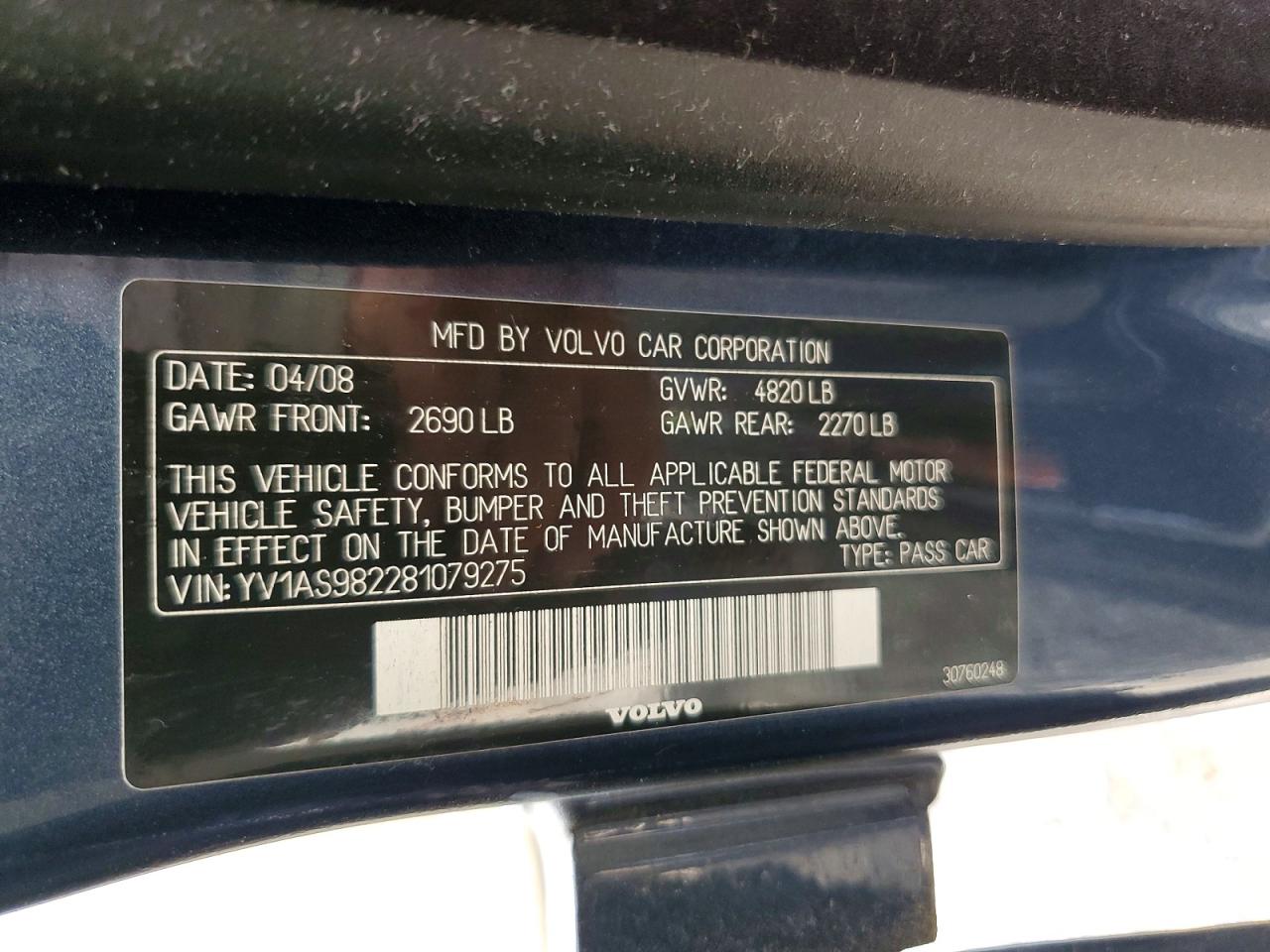 2008 Volvo S80 3.2 Blue vin: YV1AS982281079275