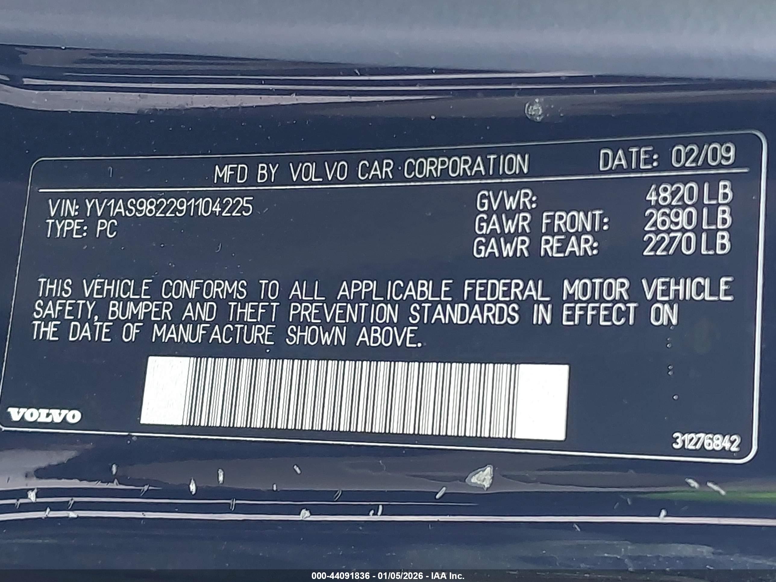 2009 Volvo S80 3.2 Black vin: YV1AS982291104225