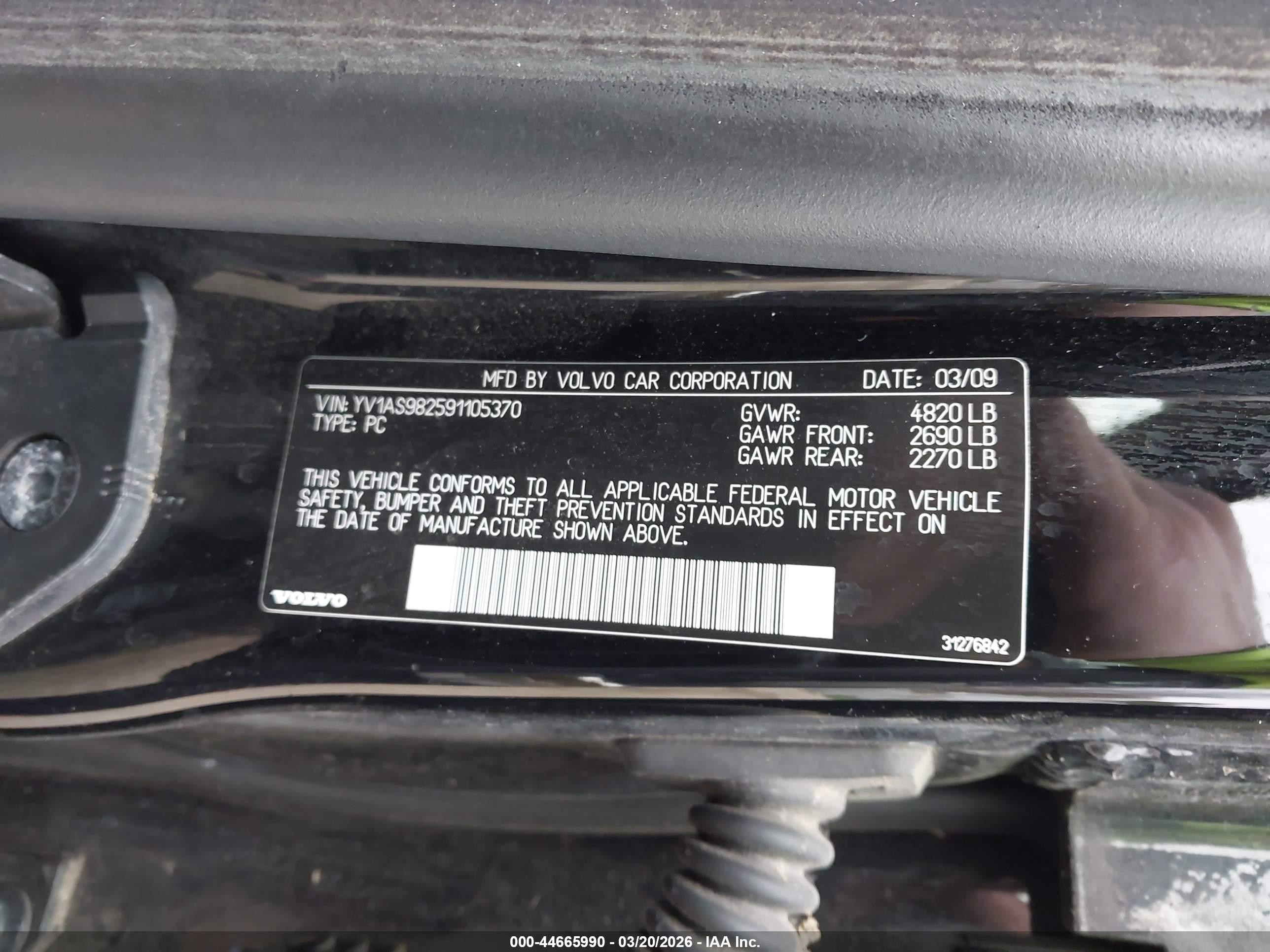 2009 Volvo S80 3.2 Black vin: YV1AS982591105370