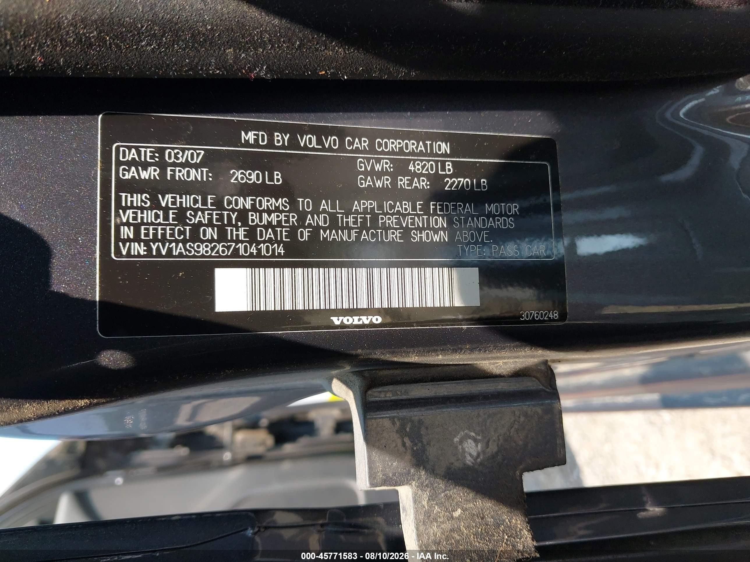 2007 Volvo S80 3.2 Gray vin: YV1AS982671041014