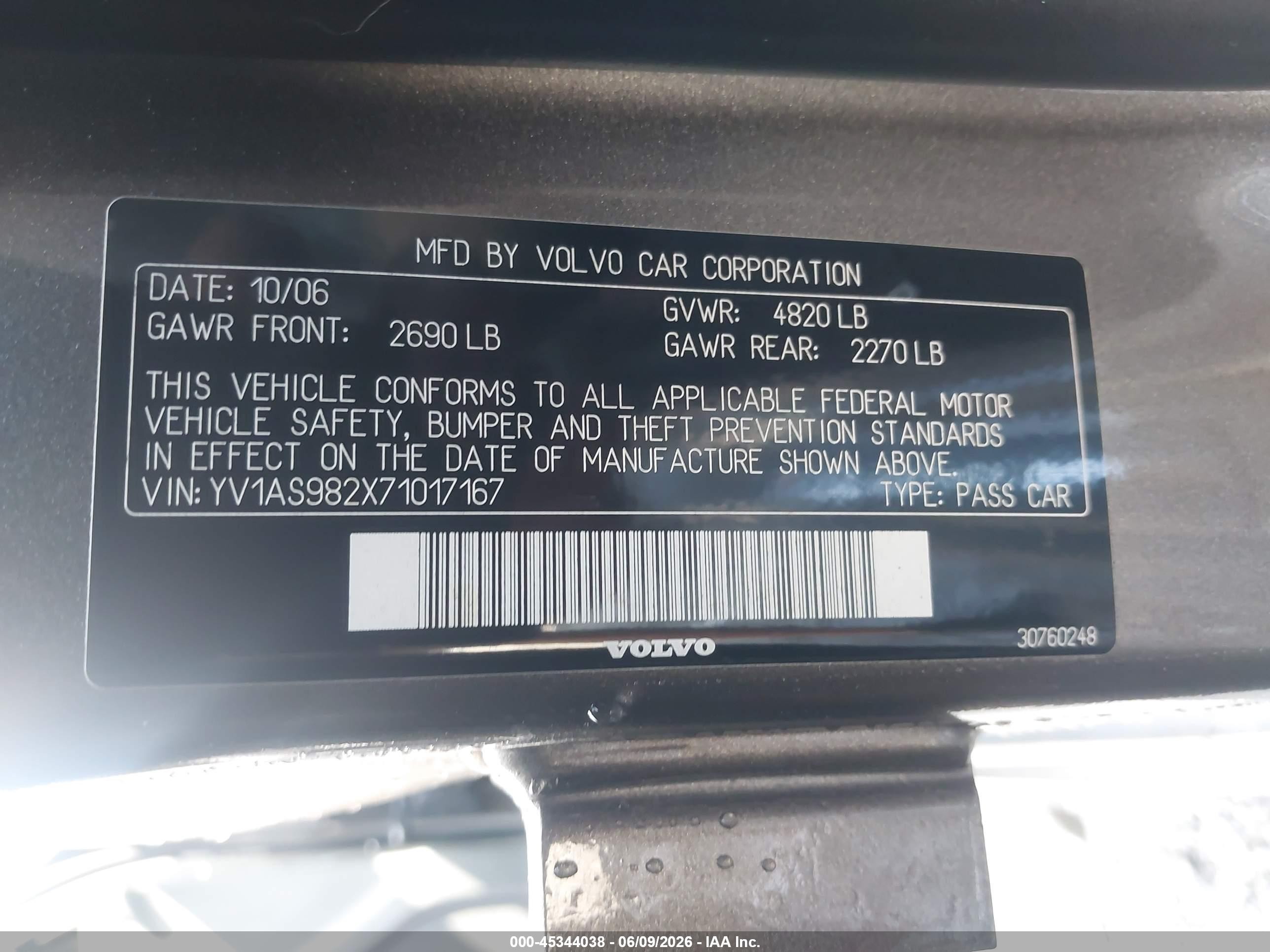 2007 Volvo S80 3.2 Серый vin: YV1AS982X71017167