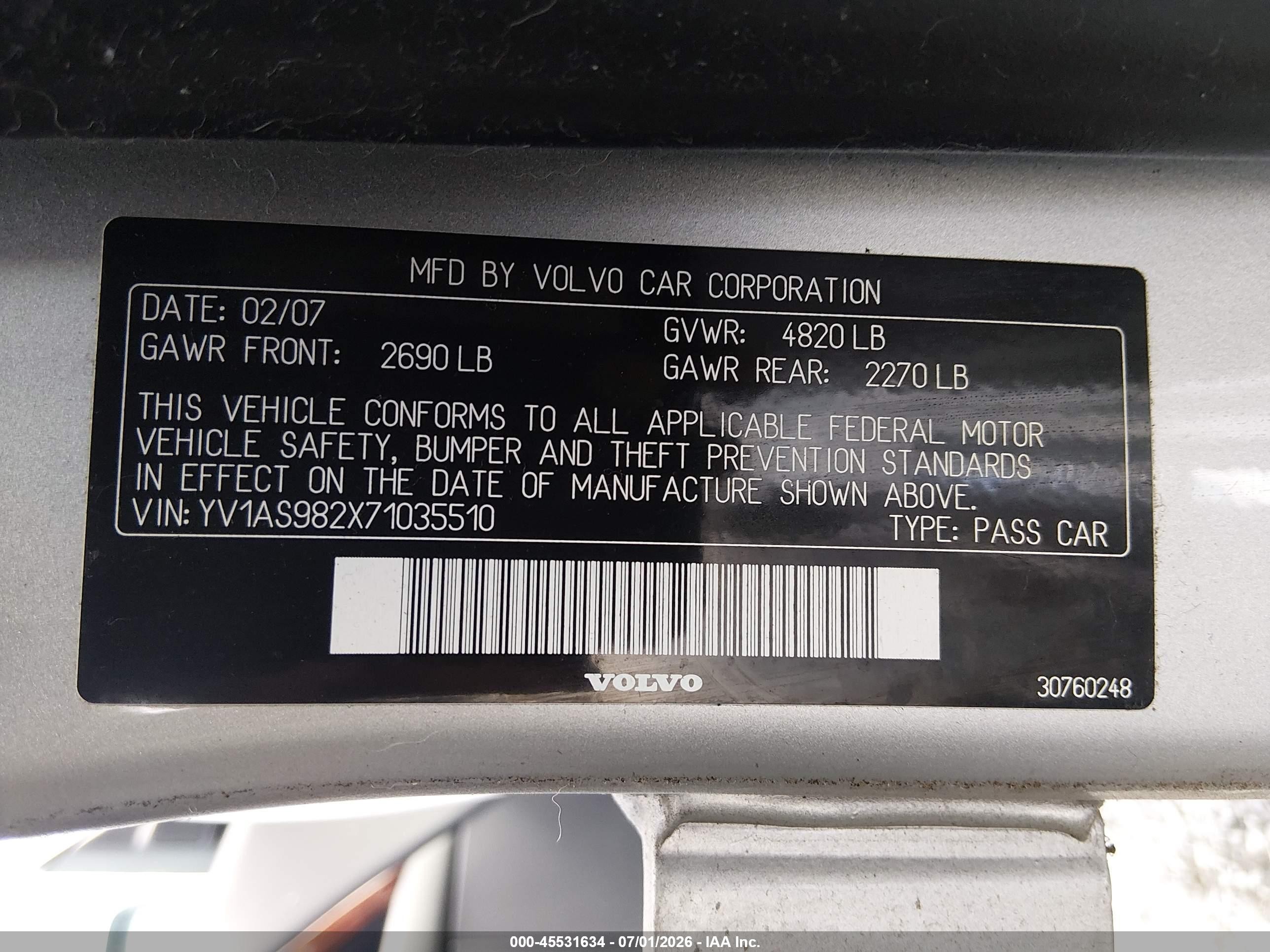 2007 Volvo S80 3.2 Silver vin: YV1AS982X71035510