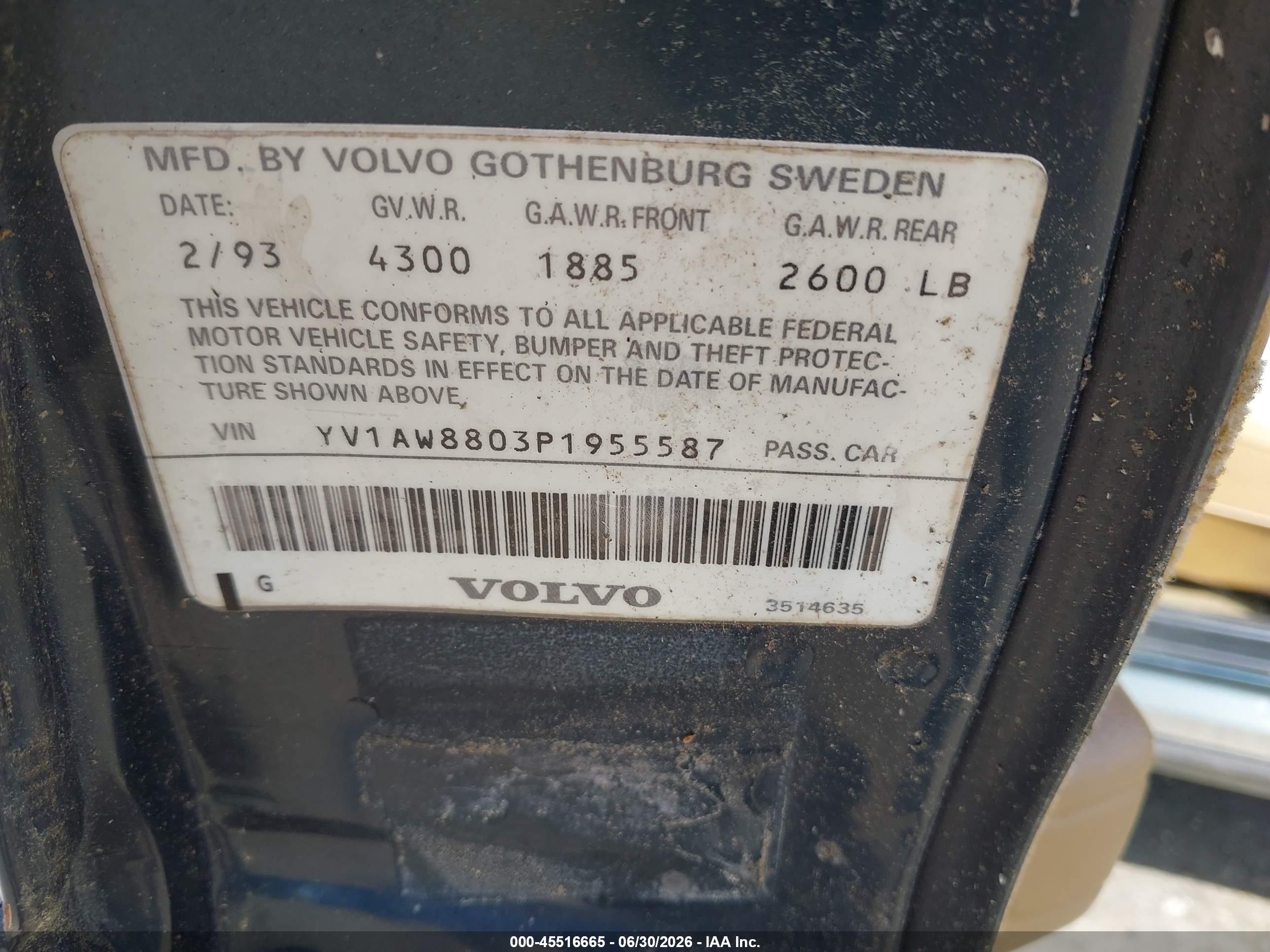1993 Volvo 240   Green vin: YV1AW8803P1955587