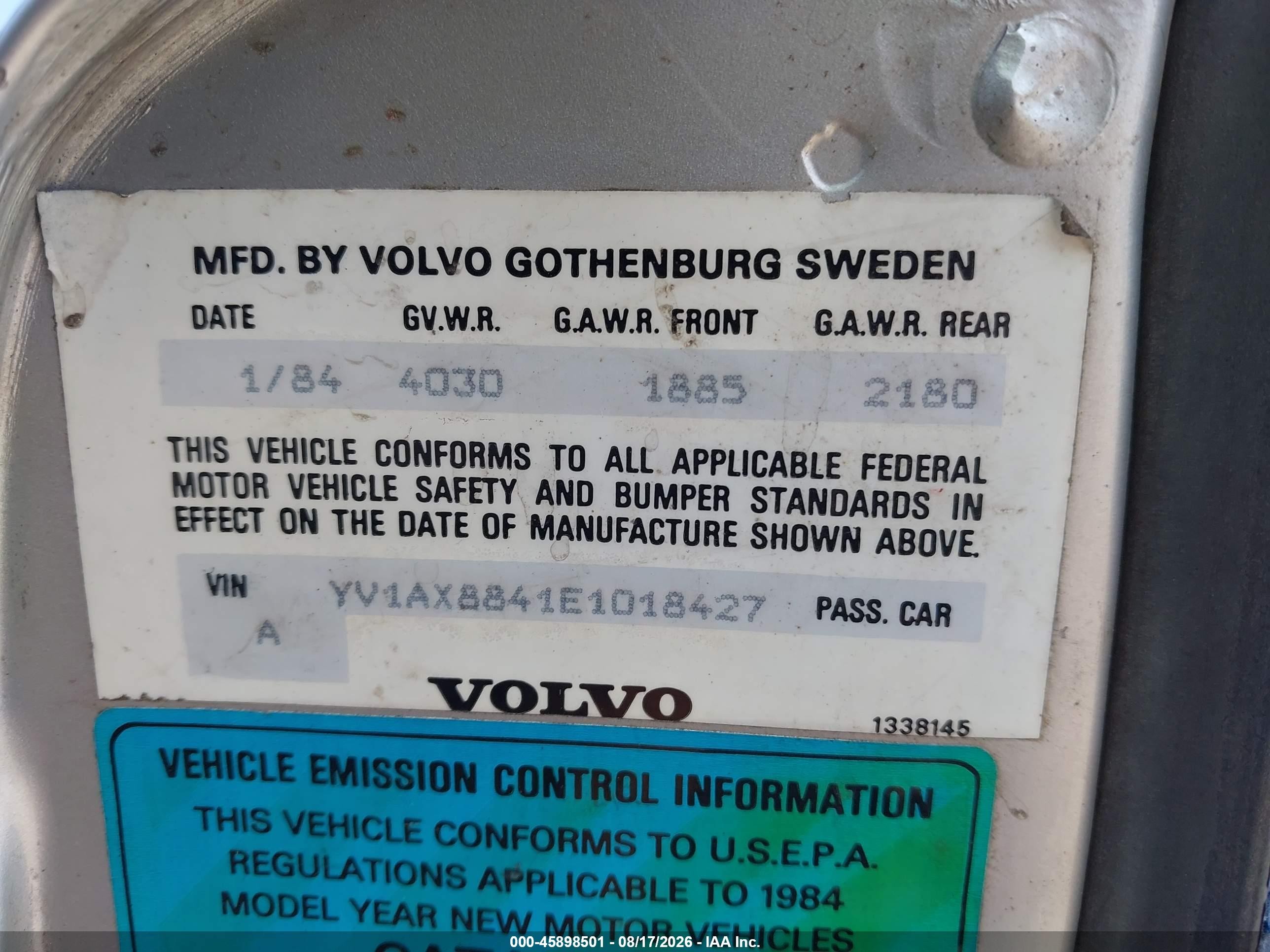 1984 Volvo 244 Dl/gl Silver vin: YV1AX8841E1018427