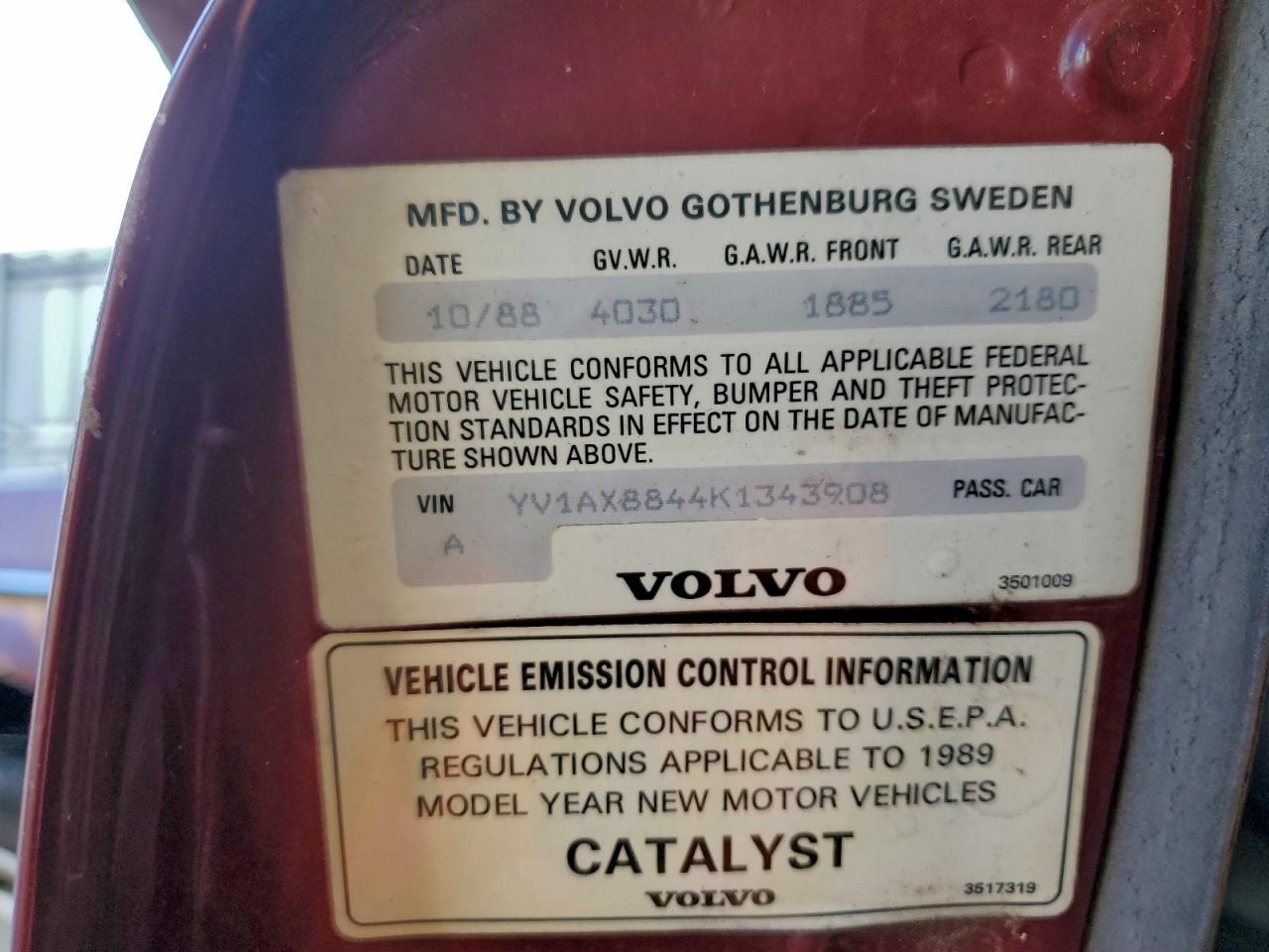 1989 Volvo 244 Dl Red vin: YV1AX8844K1343908