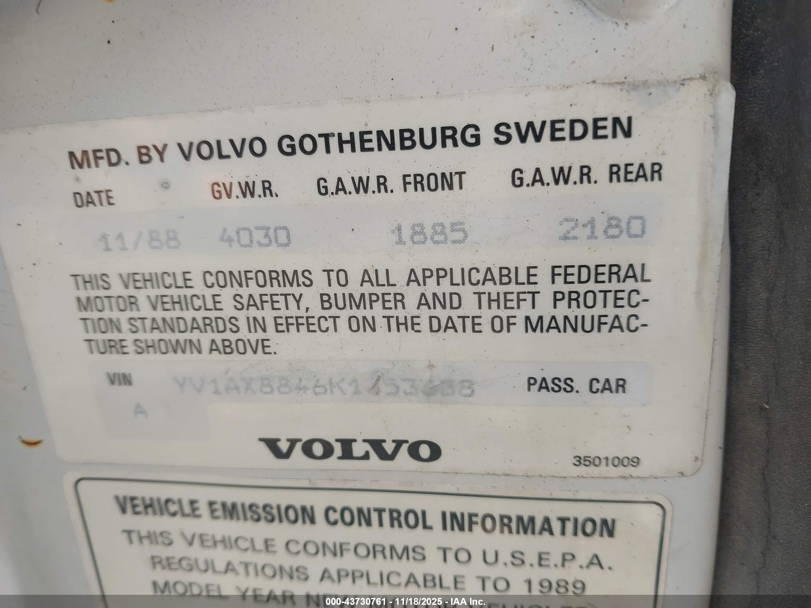 1989 Volvo 244 Dl/gl White vin: YV1AX8846K1353338
