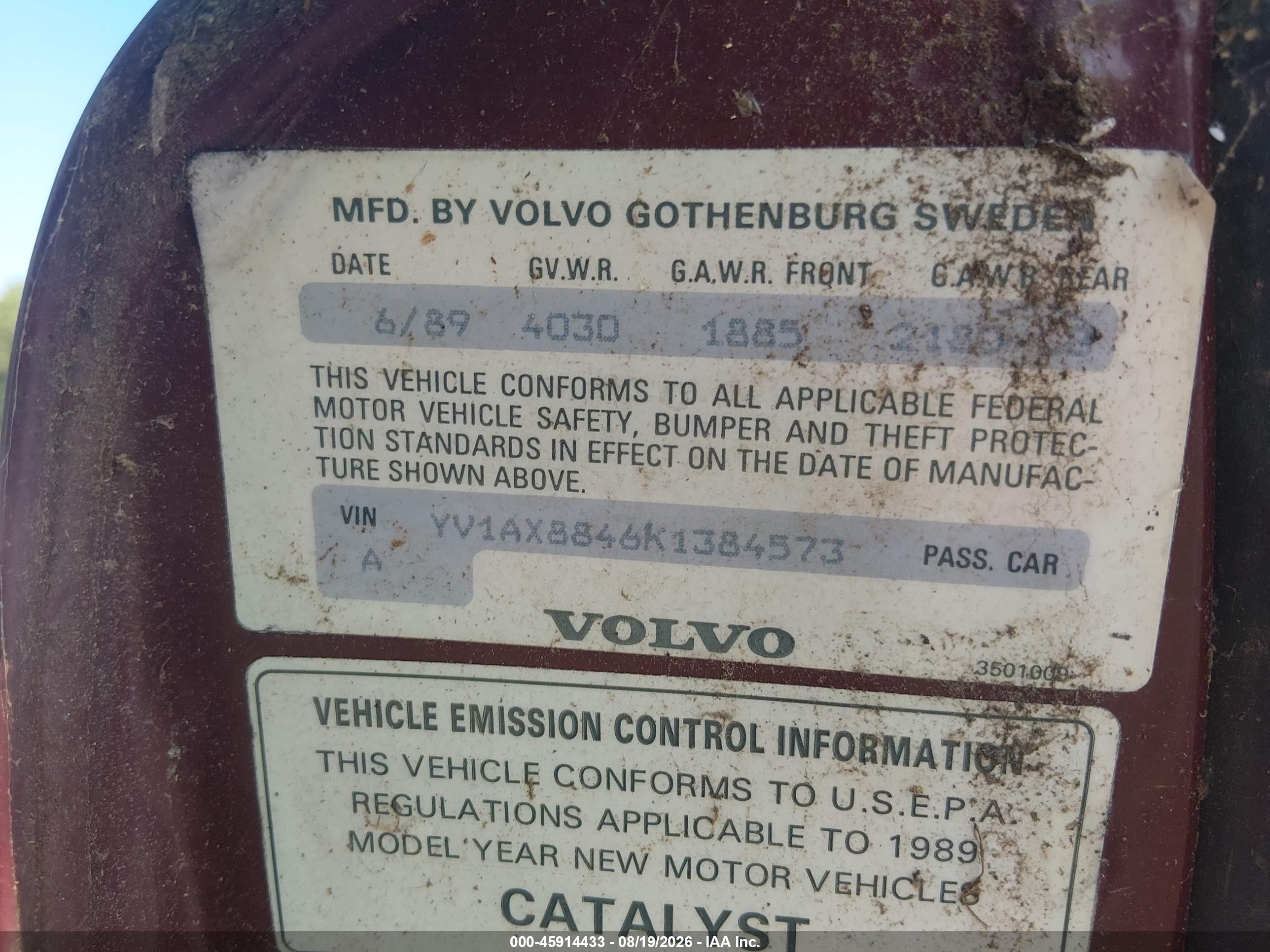 1989 Volvo 244 Dl/gl Red vin: YV1AX8846K1384573