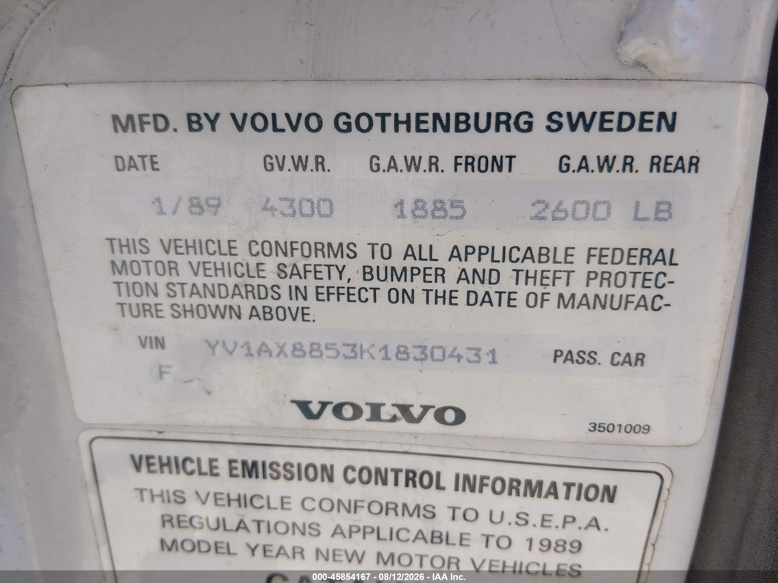 1989 Volvo 245 Dl/gl White vin: YV1AX8853K1830431