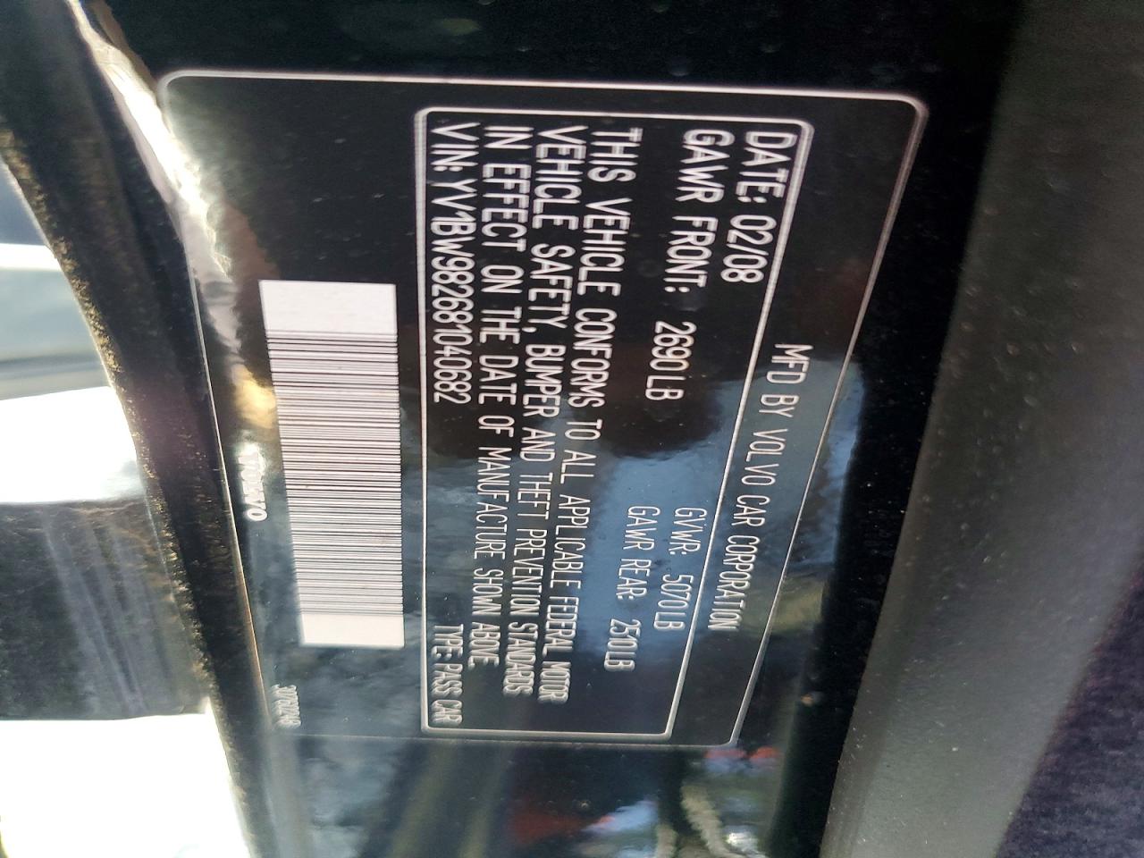 2008 Volvo V70 3.2 Black vin: YV1BW982681040682