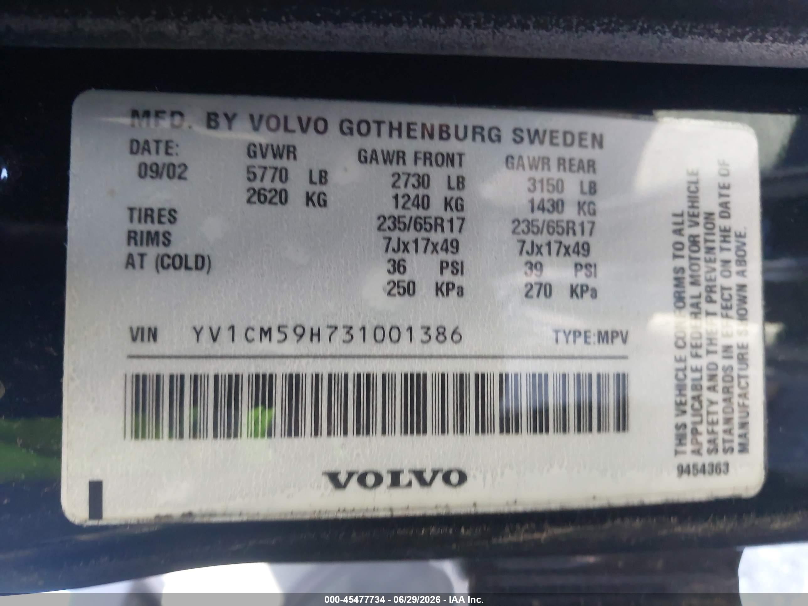 2003 Volvo Xc90 2.5t Black vin: YV1CM59H731001386