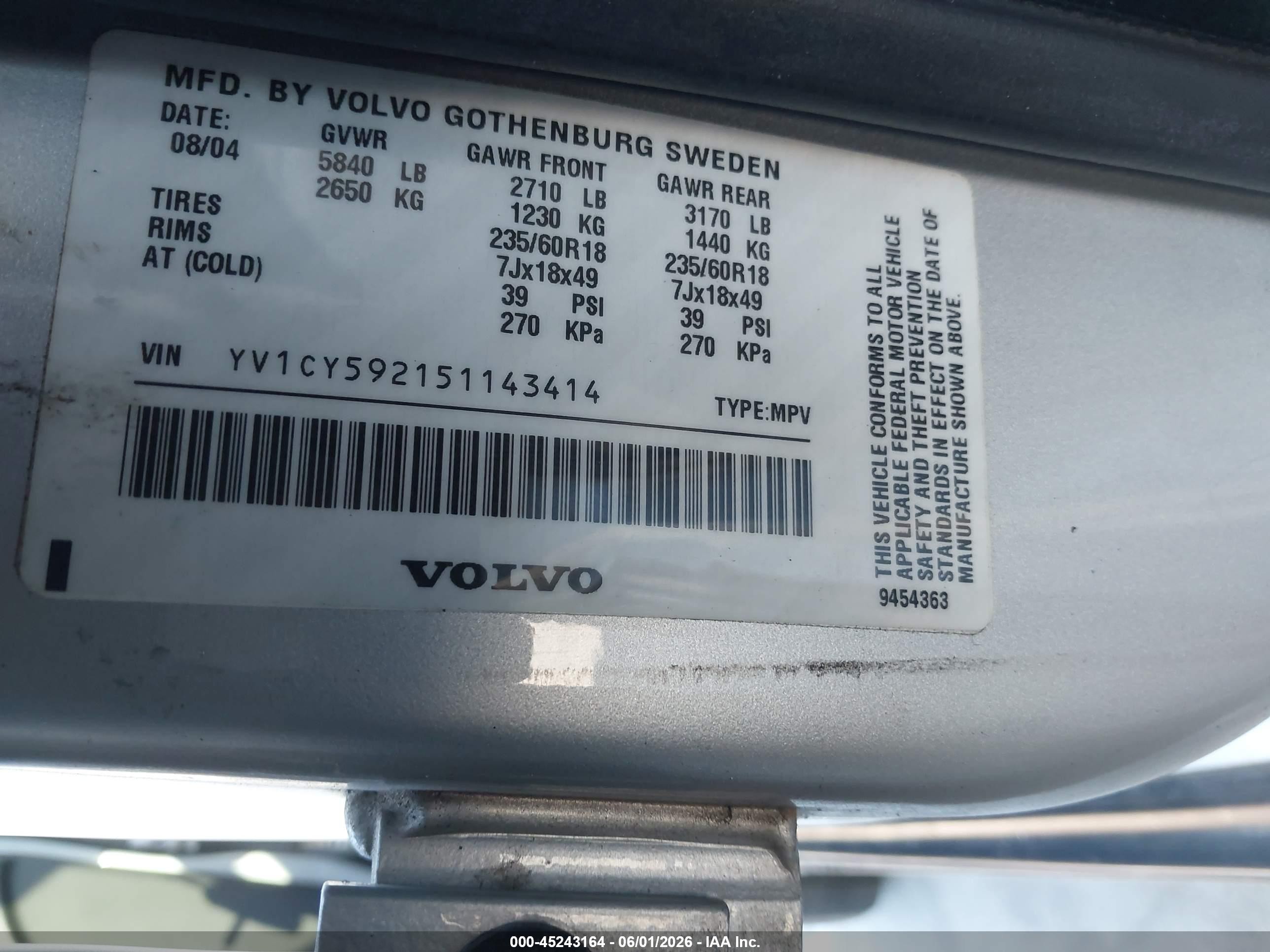 2005 Volvo Xc90 2.5t Серебряный vin: YV1CY592151143414