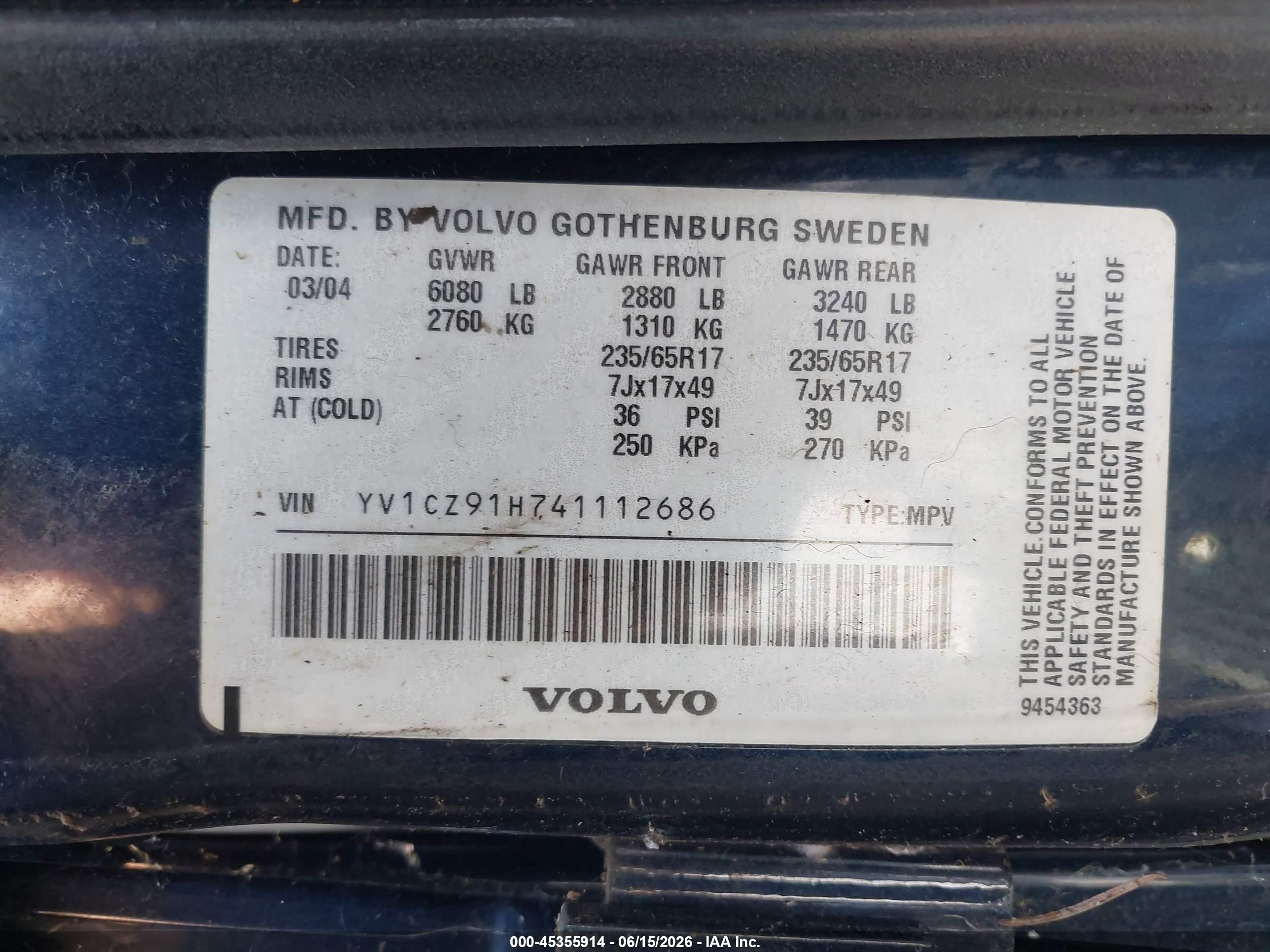 2004 Volvo Xc90 T6 Dark Blue vin: YV1CZ91H741112686