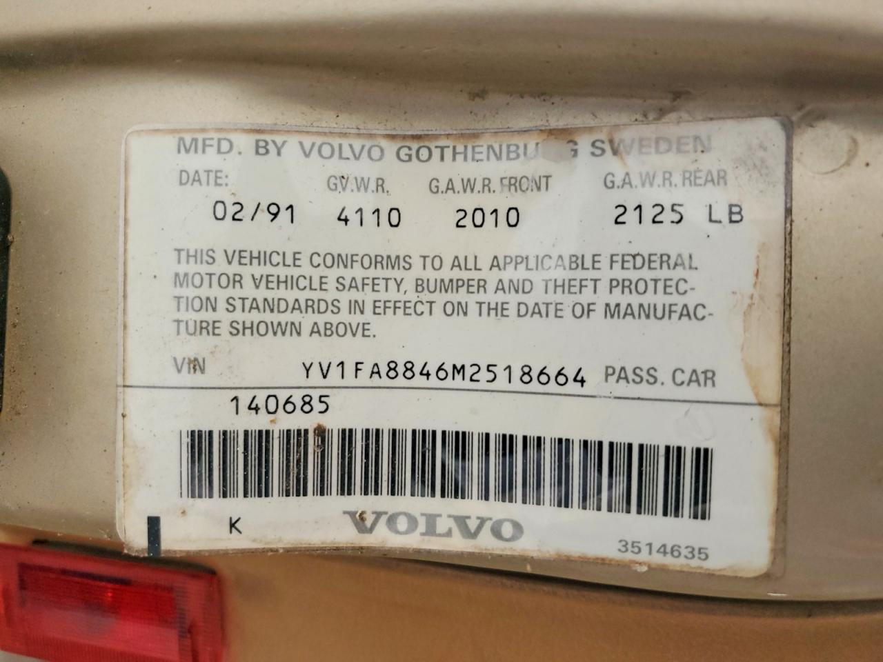 1991 Volvo 740 Gold vin: YV1FA8846M2518664