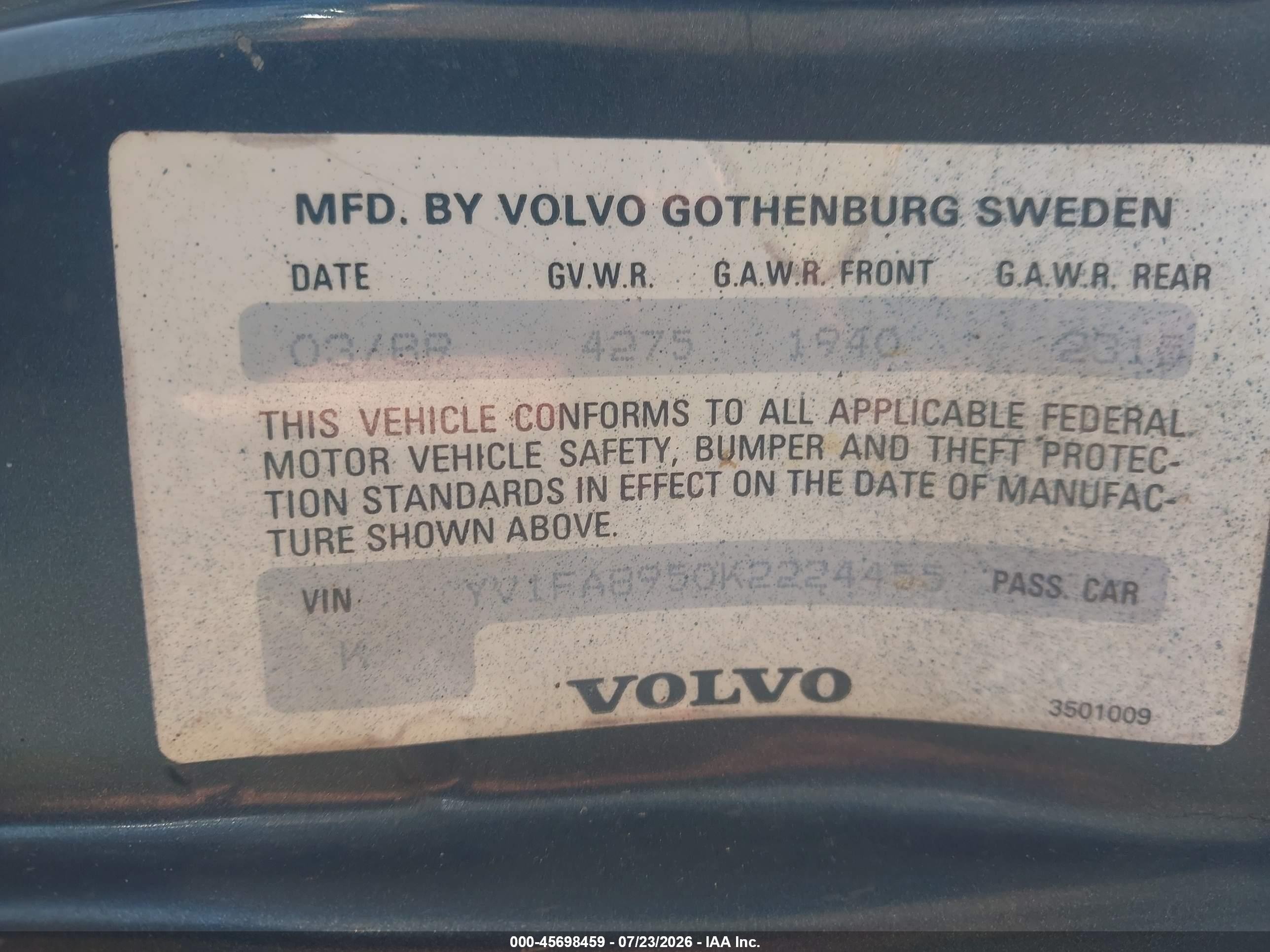 1989 Volvo 740 Gle Light Blue vin: YV1FA8950K2224455