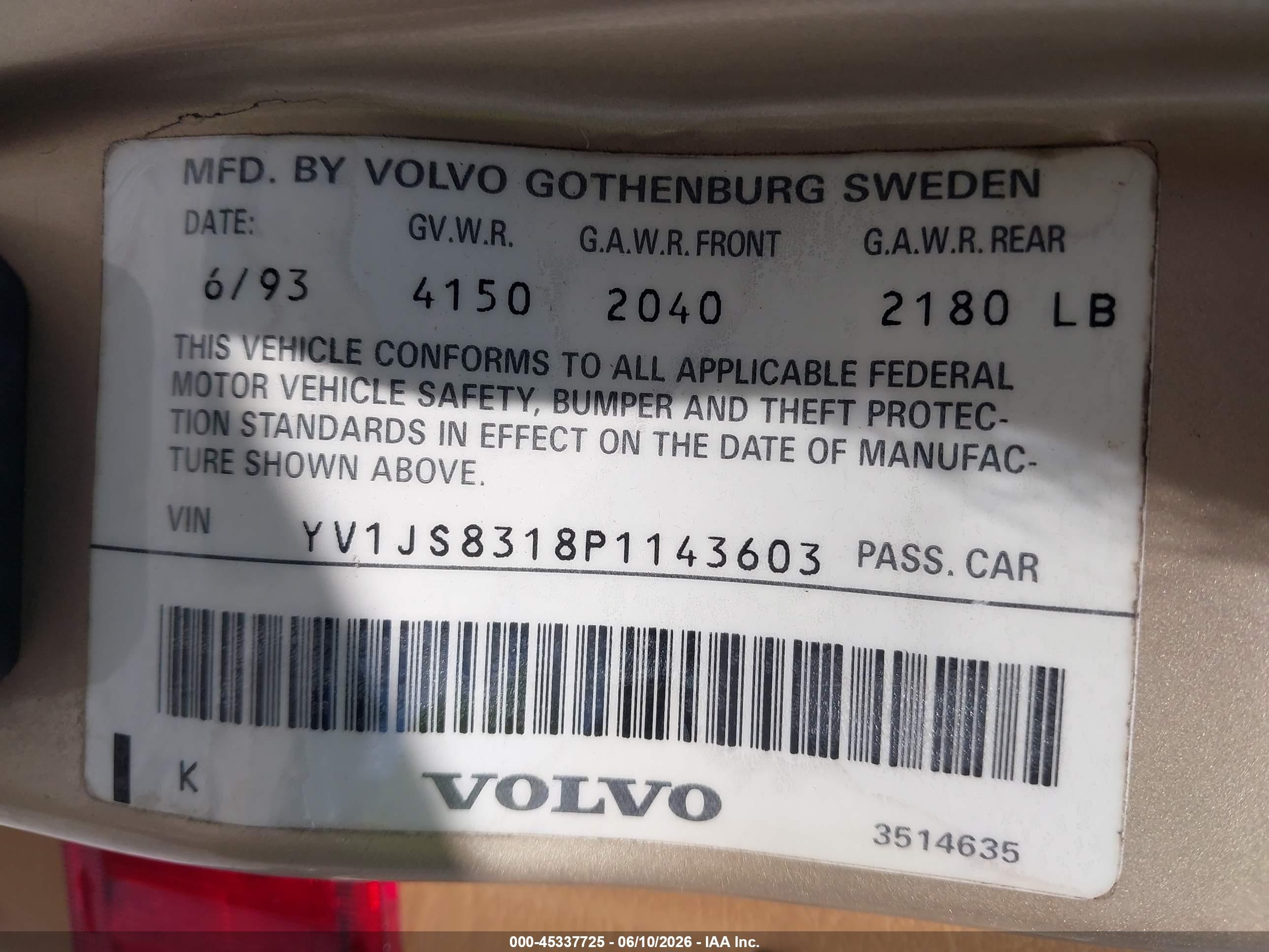 1993 Volvo 940   Tan vin: YV1JS8318P1143603