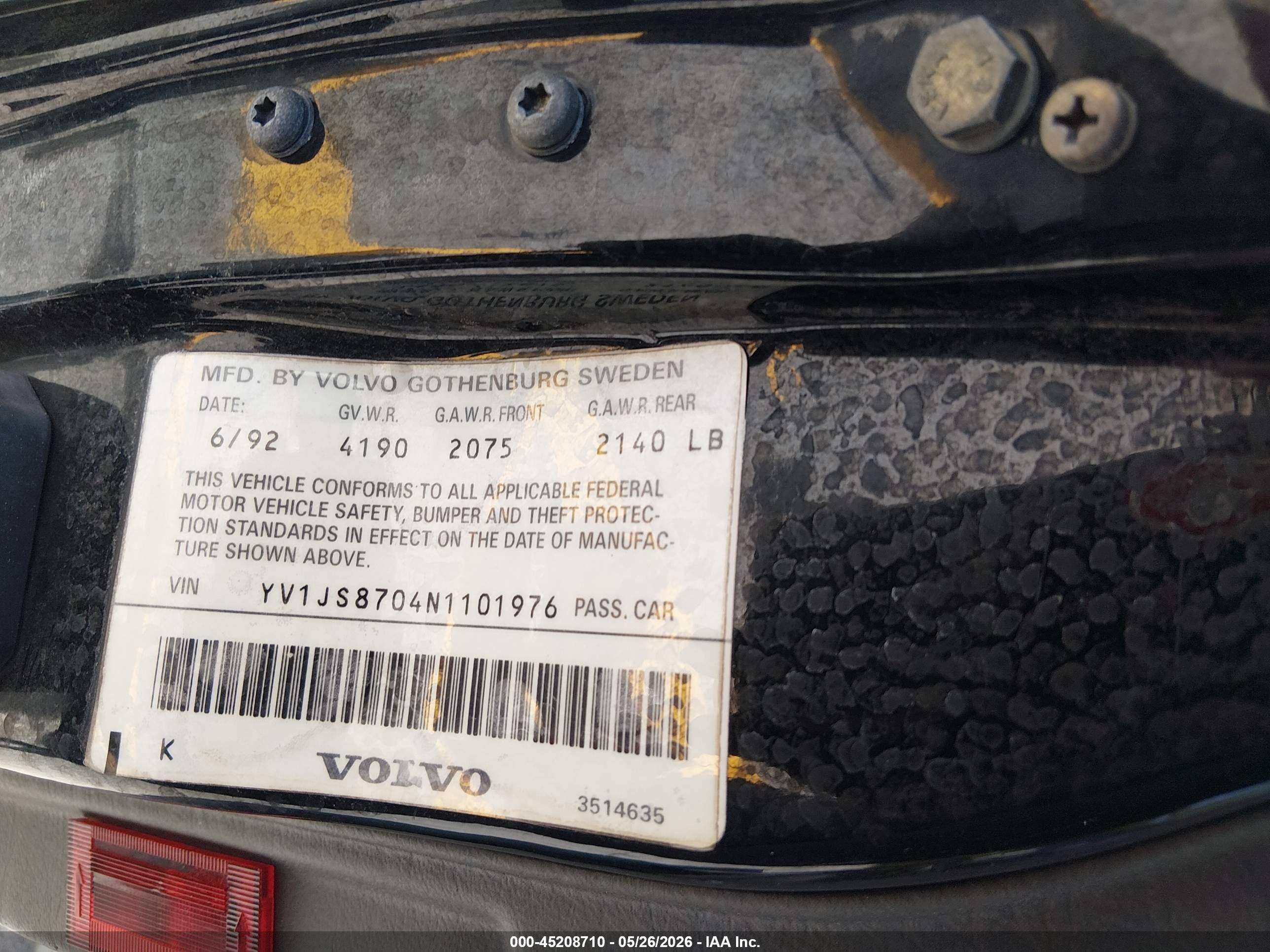 1992 Volvo 940 Gle Black vin: YV1JS8704N1101976