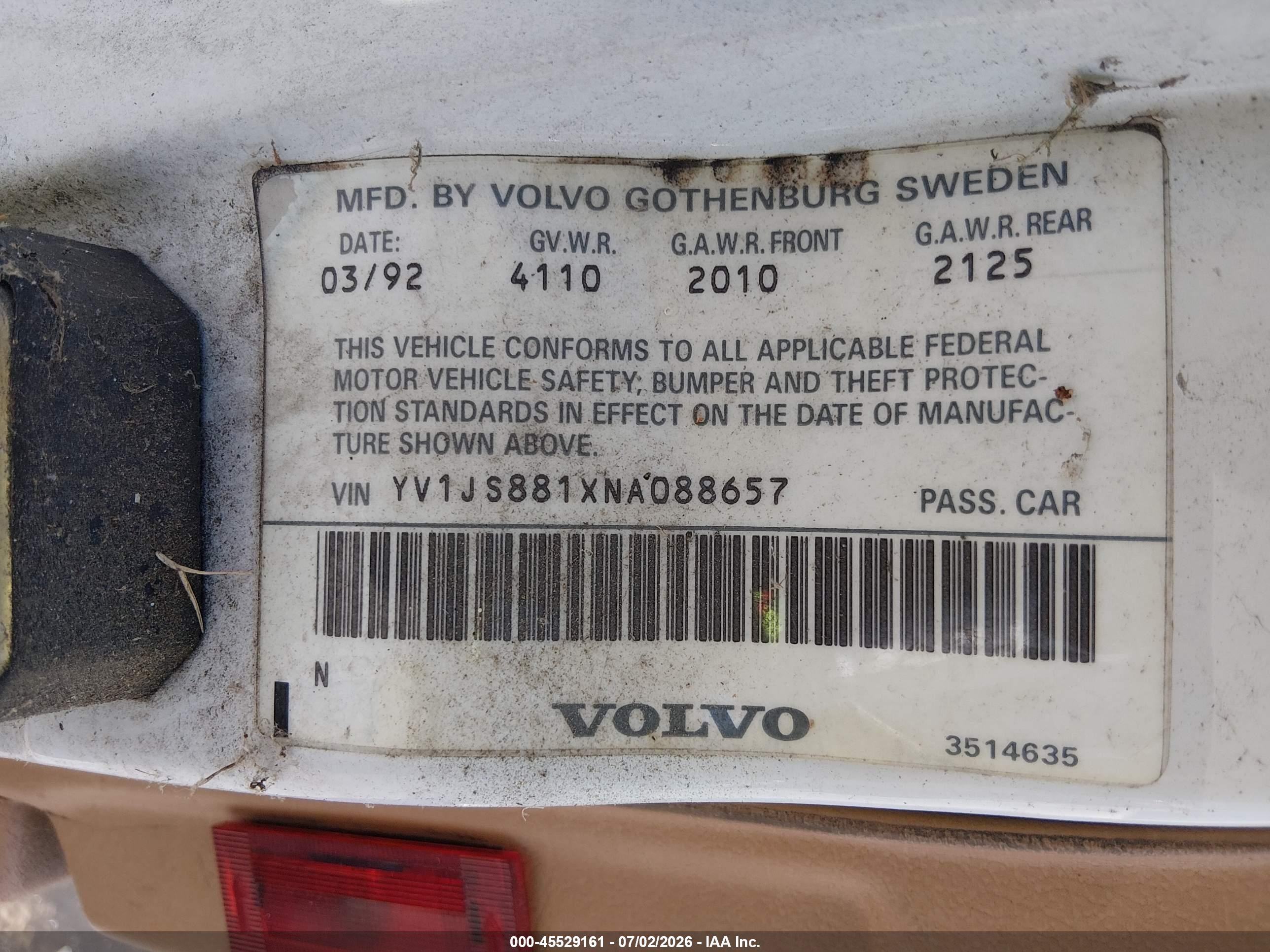 1992 Volvo 940 Gl White vin: YV1JS881XNA088657