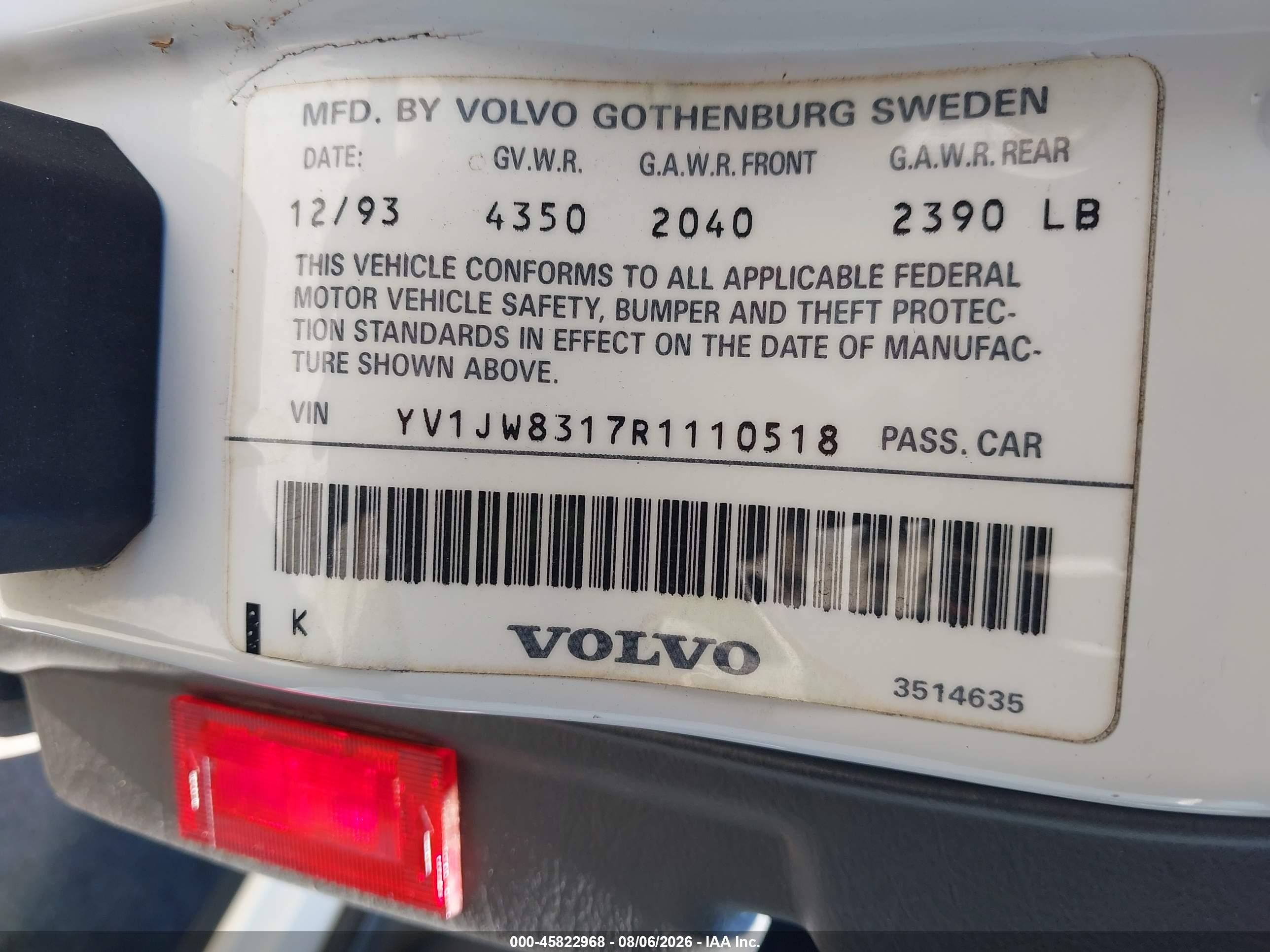 1994 Volvo 940   White vin: YV1JW8317R1110518