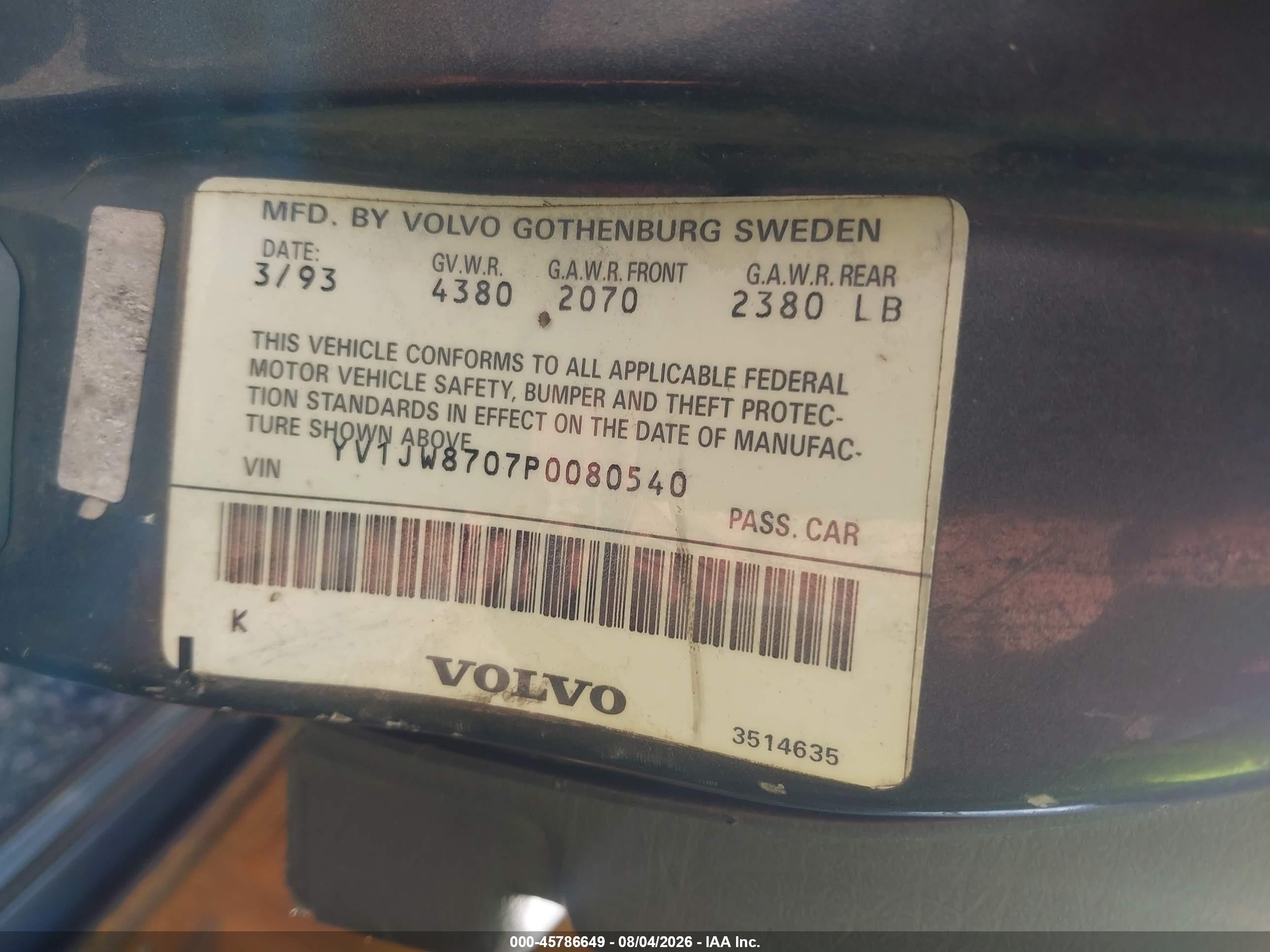 1993 Volvo 940   Gray vin: YV1JW8707P0080540