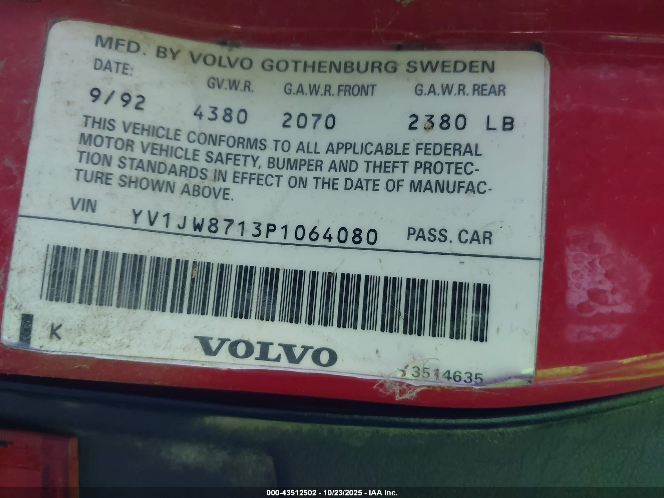 1993 Volvo 940   Red vin: YV1JW8713P1064080