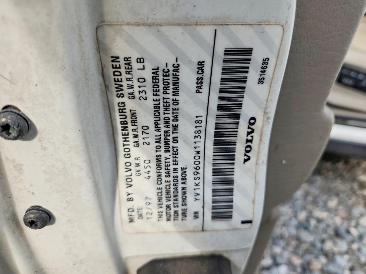 1998 Volvo S90 White vin: YV1KS9600W1138181