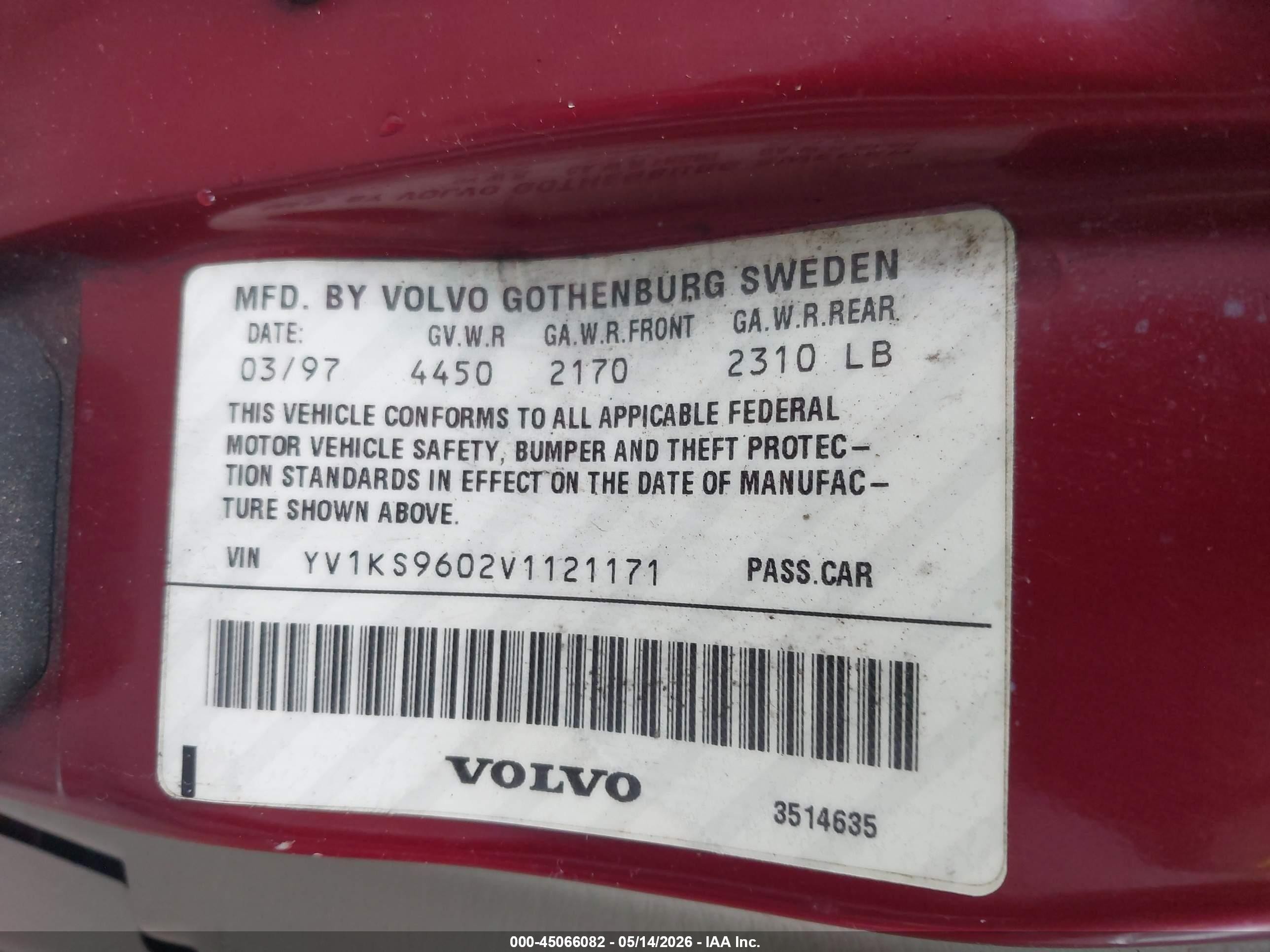 1997 Volvo 960   Red vin: YV1KS9602V1121171