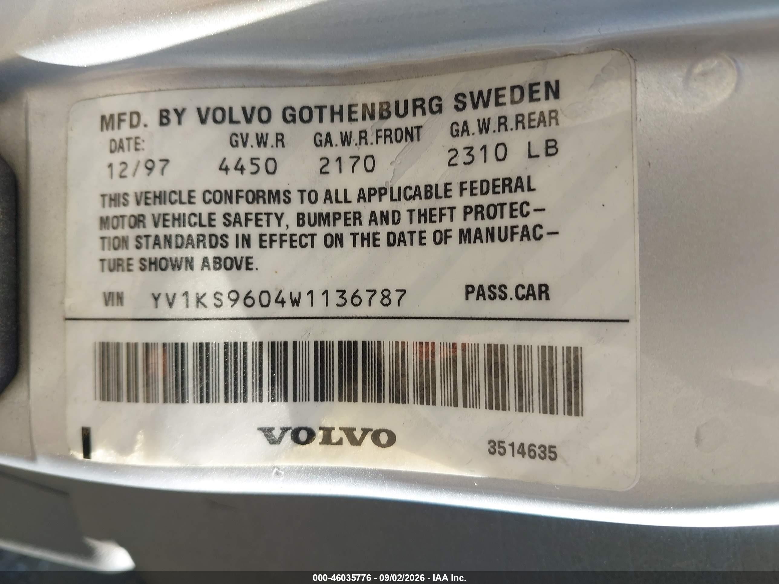 1998 Volvo S90   Silver vin: YV1KS9604W1136787