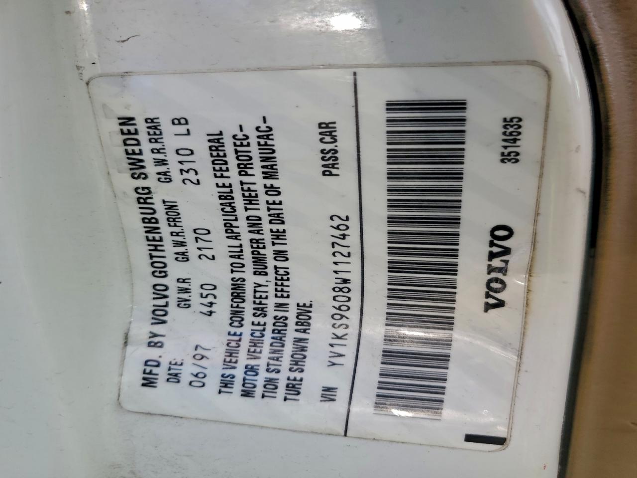 1998 Volvo S90 White vin: YV1KS9608W1127462