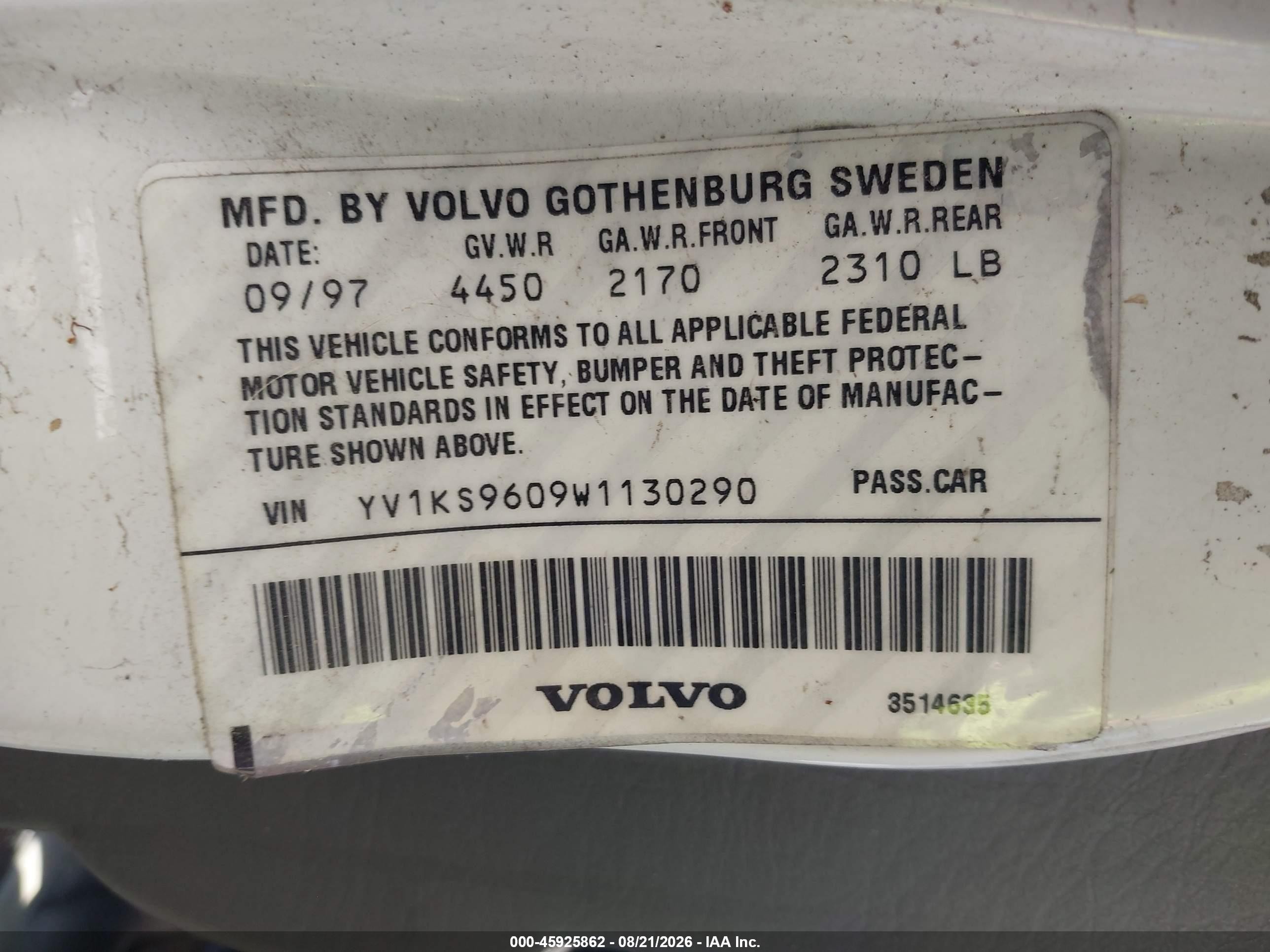 1998 Volvo S90   White vin: YV1KS9609W1130290