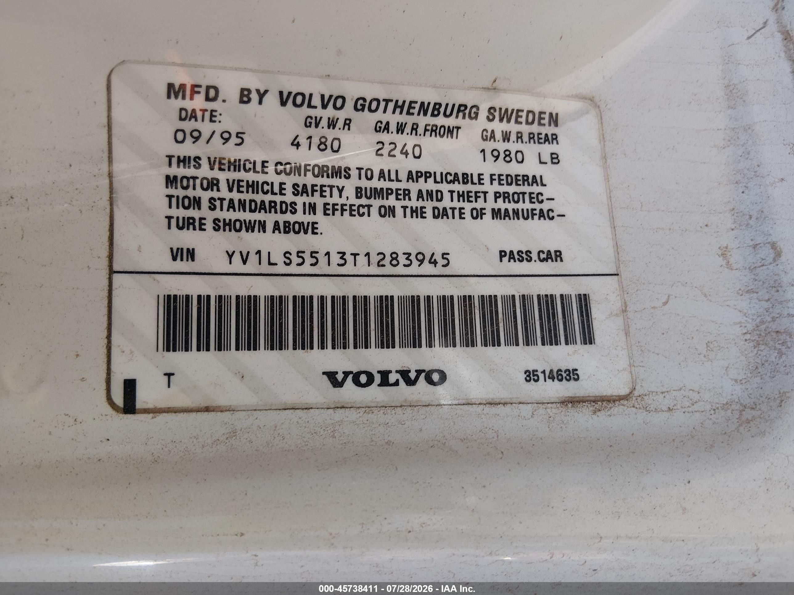 1996 Volvo 850 Glt White vin: YV1LS5513T1283945