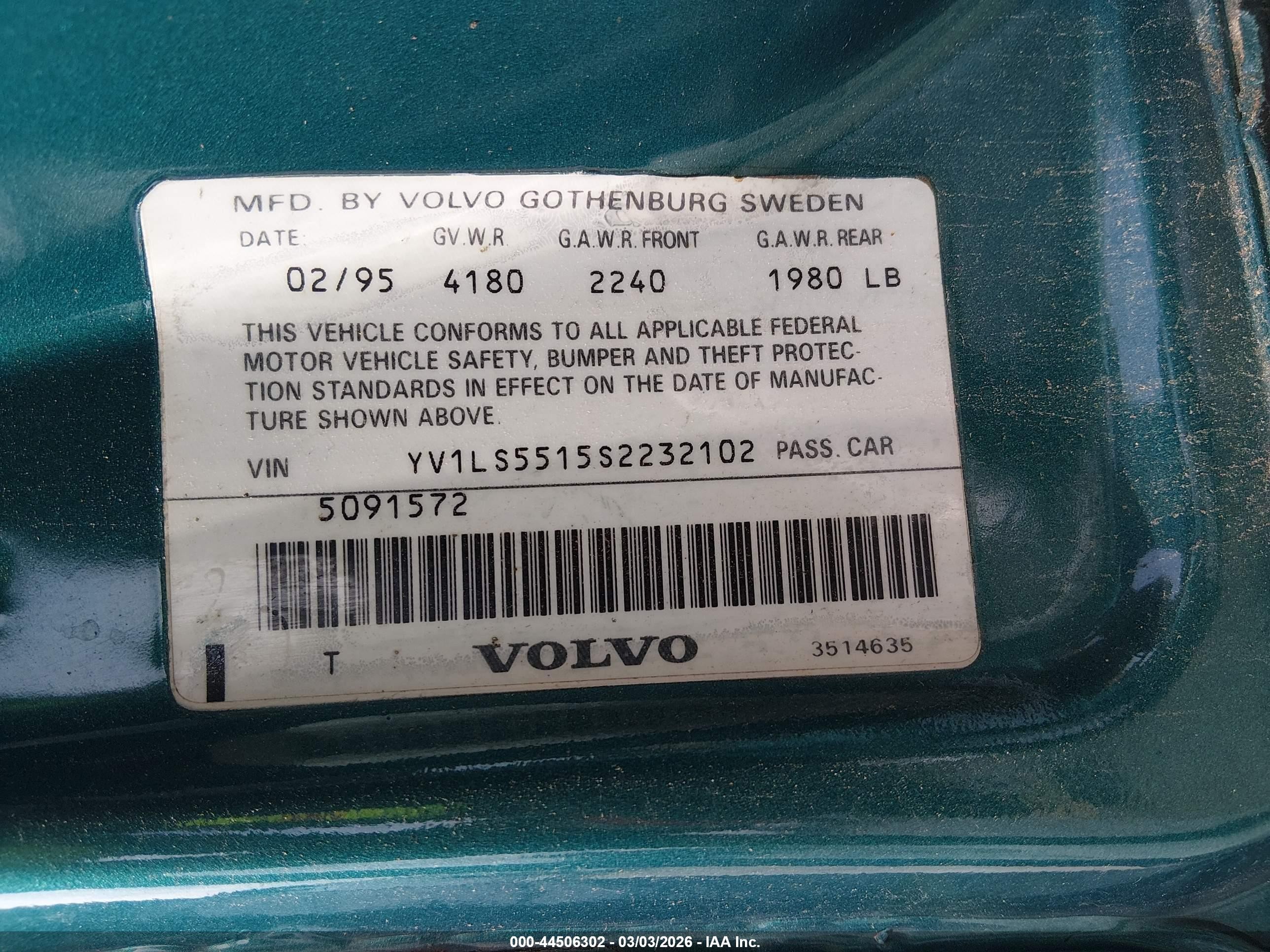 1995 Volvo 850 Glt Green vin: YV1LS5515S2232102
