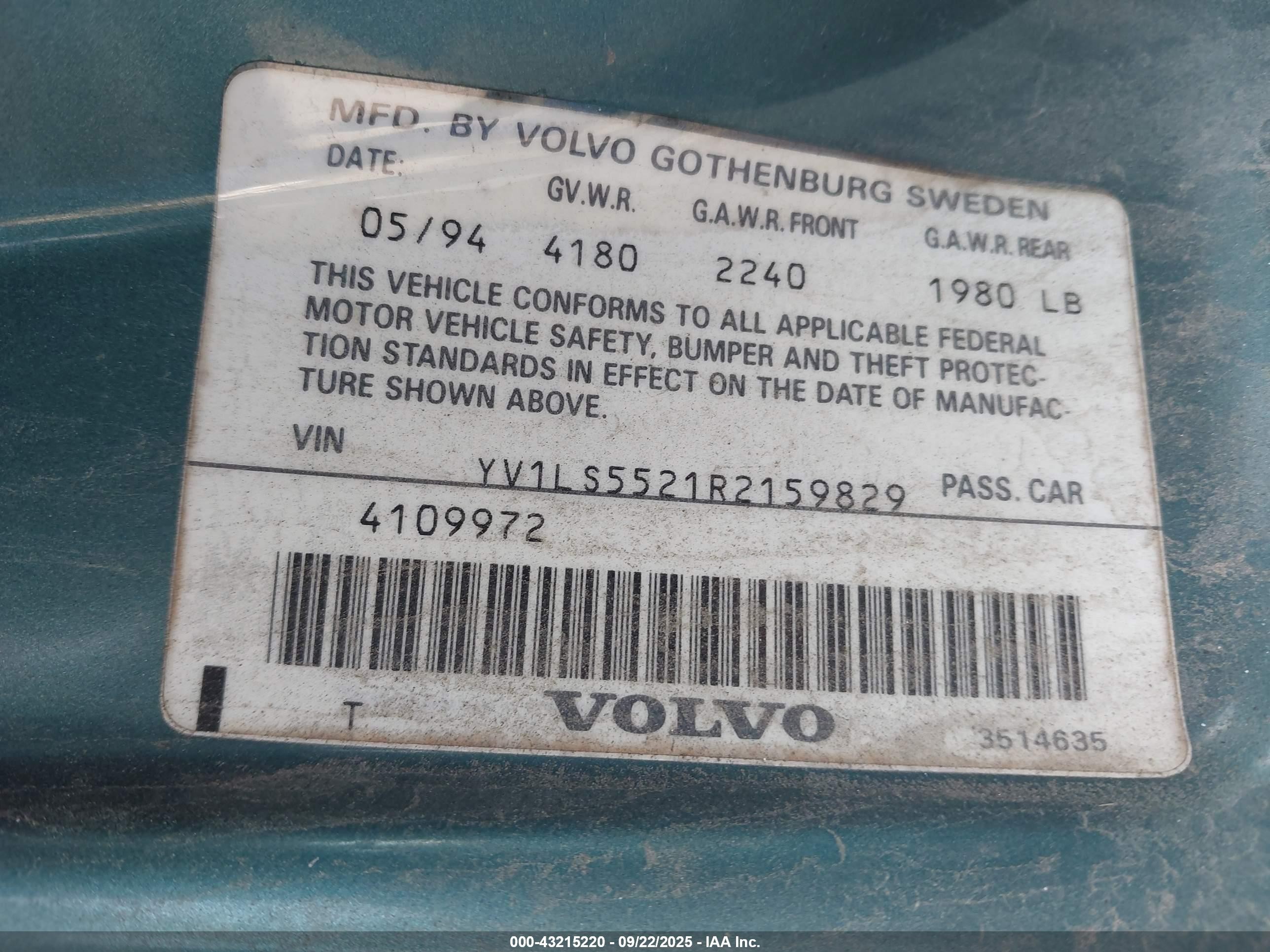 1994 Volvo 850   Green vin: YV1LS5521R2159829