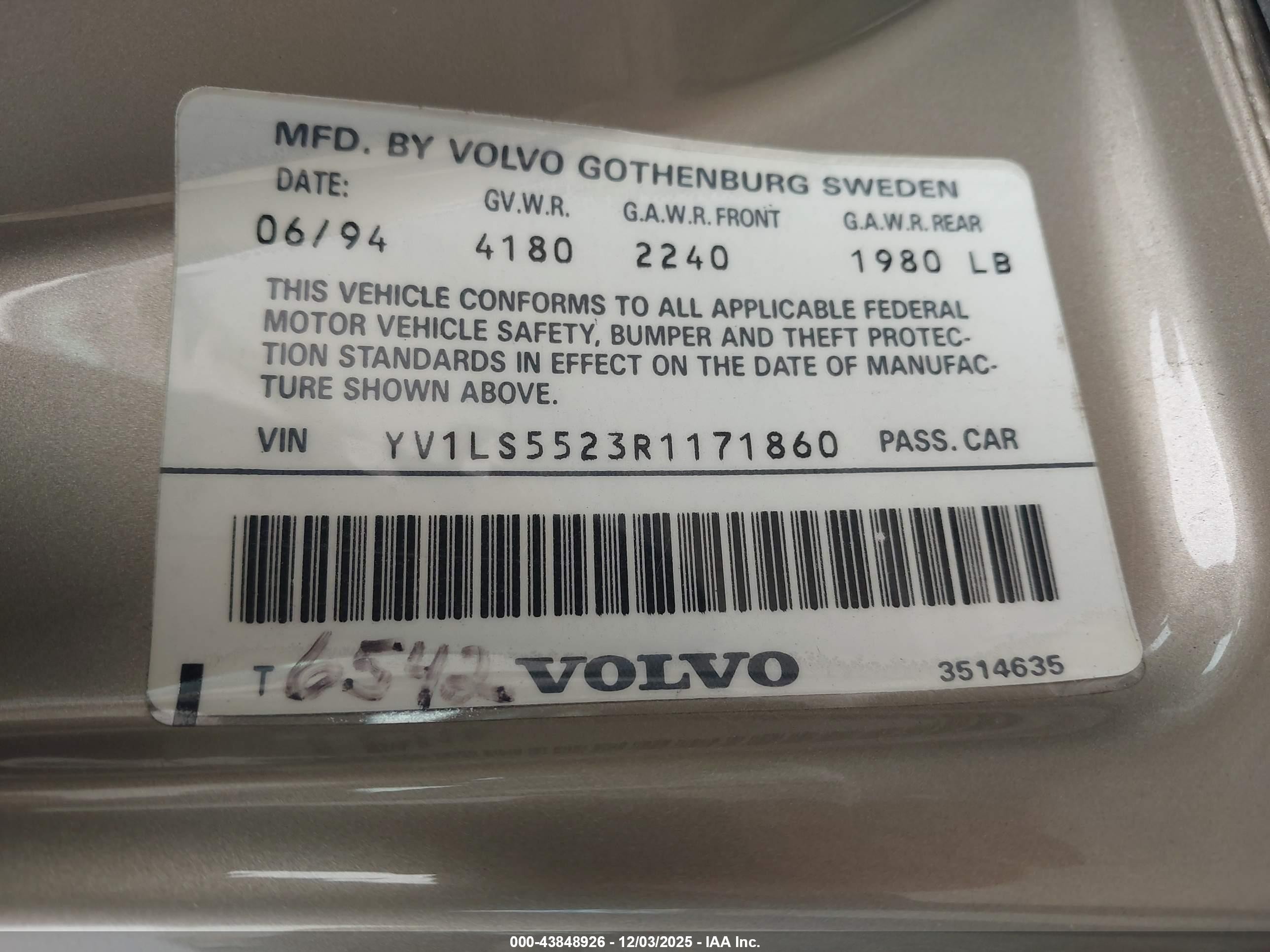 1994 Volvo 850   Gold vin: YV1LS5523R1171860