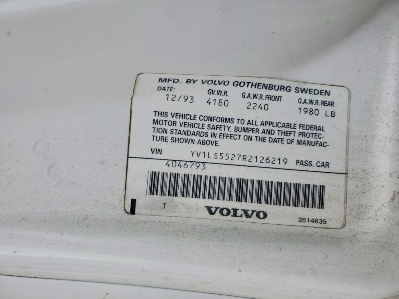 1994 Volvo 850 White vin: YV1LS5527R2126219