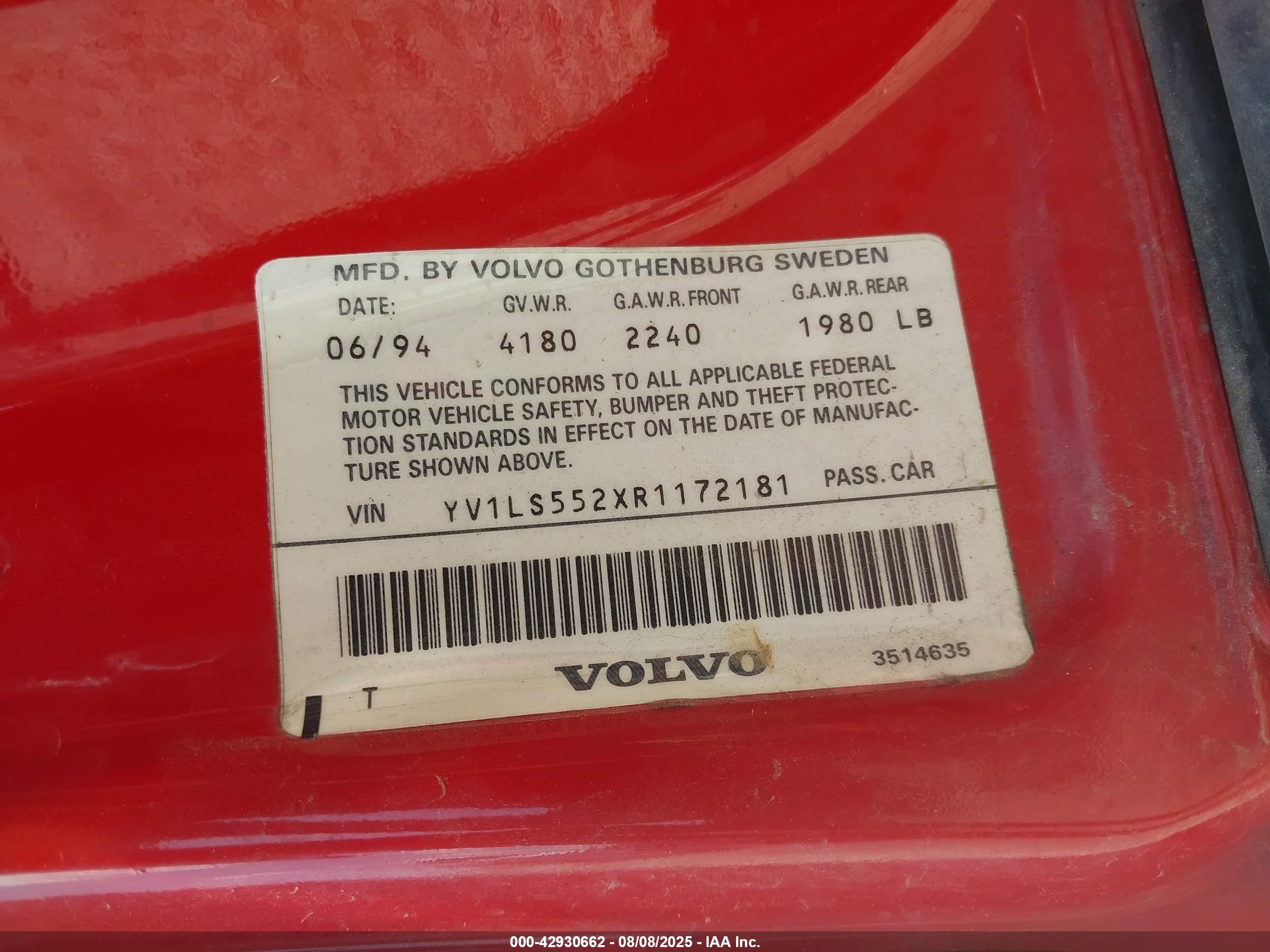 1994 Volvo 850   Red vin: YV1LS552XR1172181