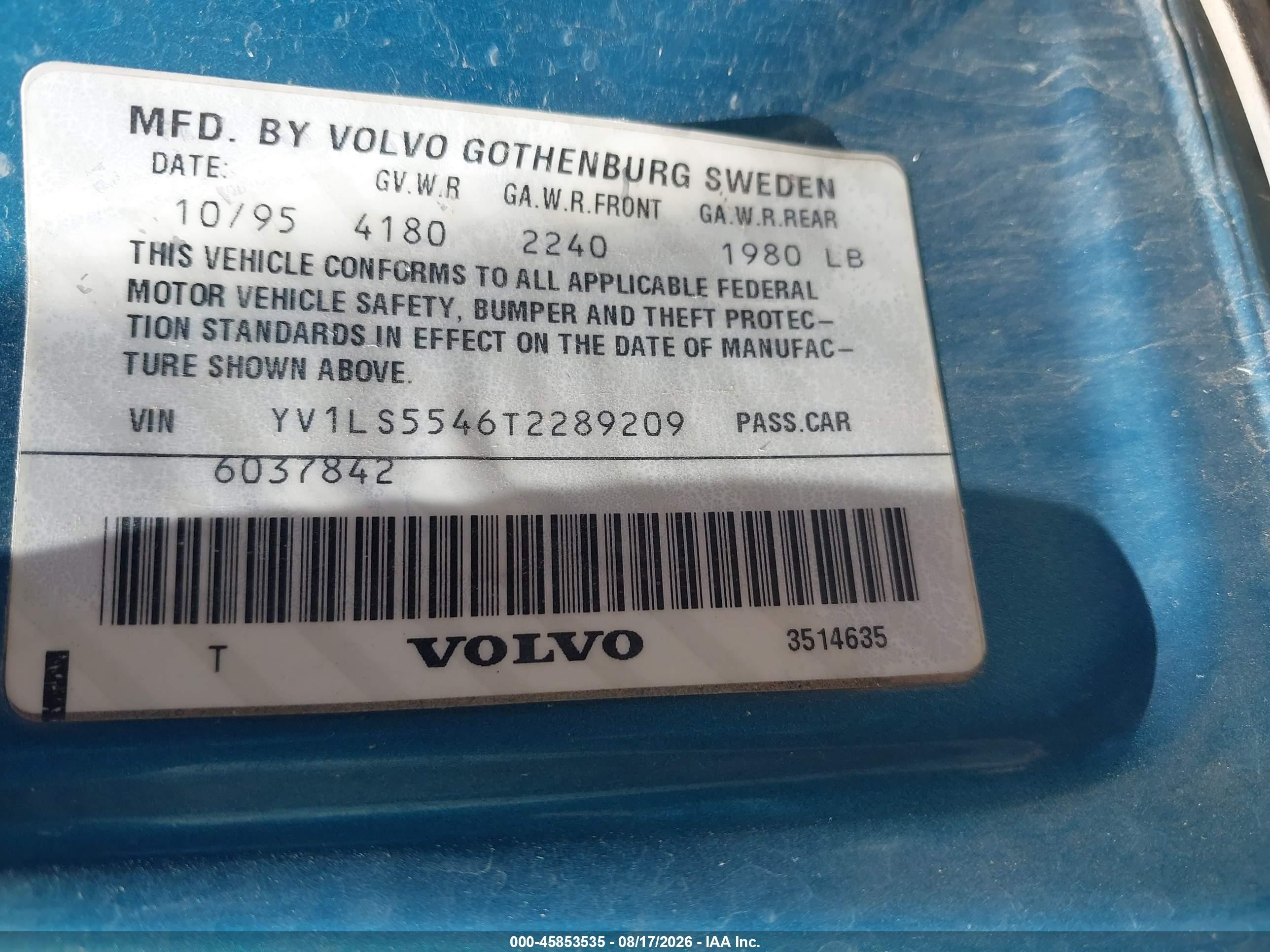 1996 Volvo 850 Glt Blue vin: YV1LS5546T2289209