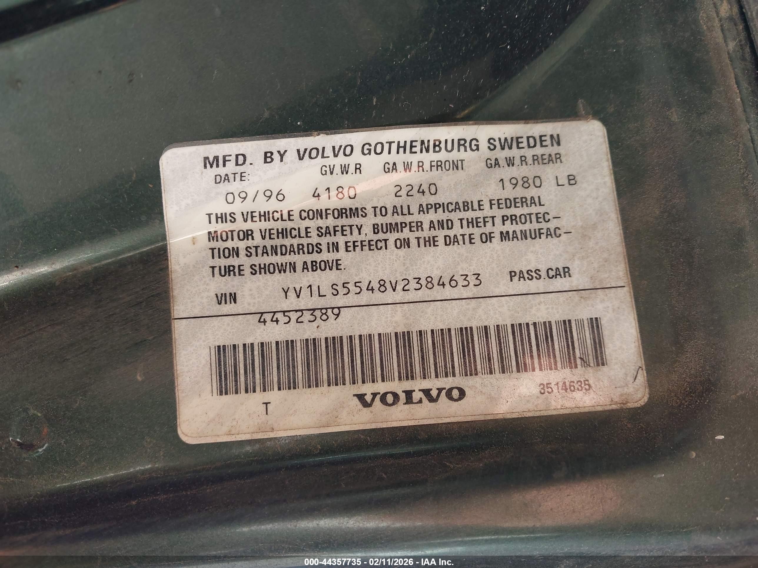 1997 Volvo 850 Gt Green vin: YV1LS5548V2384633