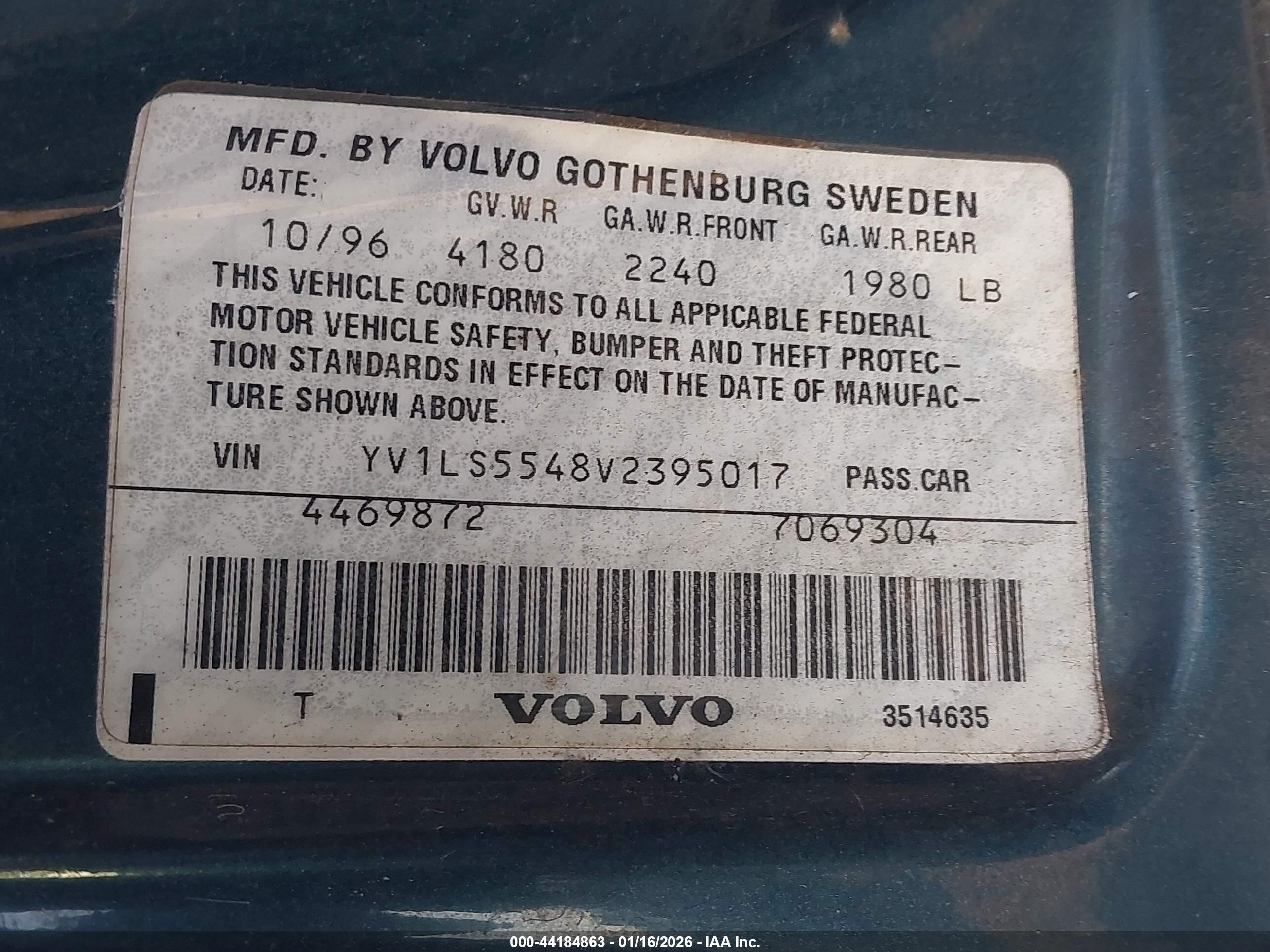 1997 Volvo 850 Gt Blue vin: YV1LS5548V2395017