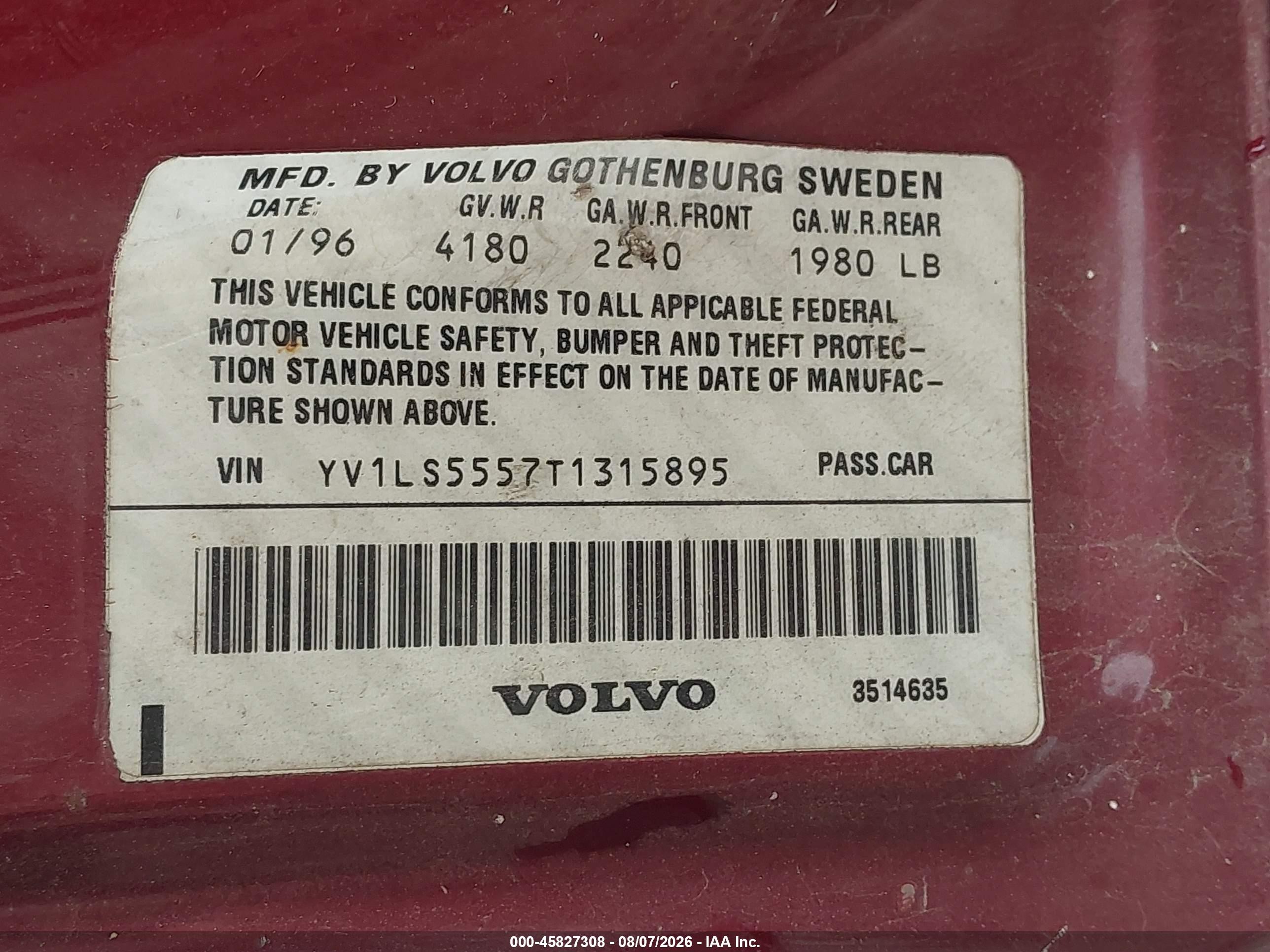 1996 Volvo 850 Glt Red vin: YV1LS5557T1315895