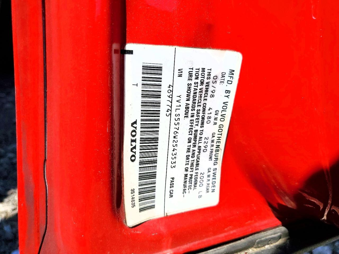 1998 Volvo S70 Red vin: YV1LS5576W2543533