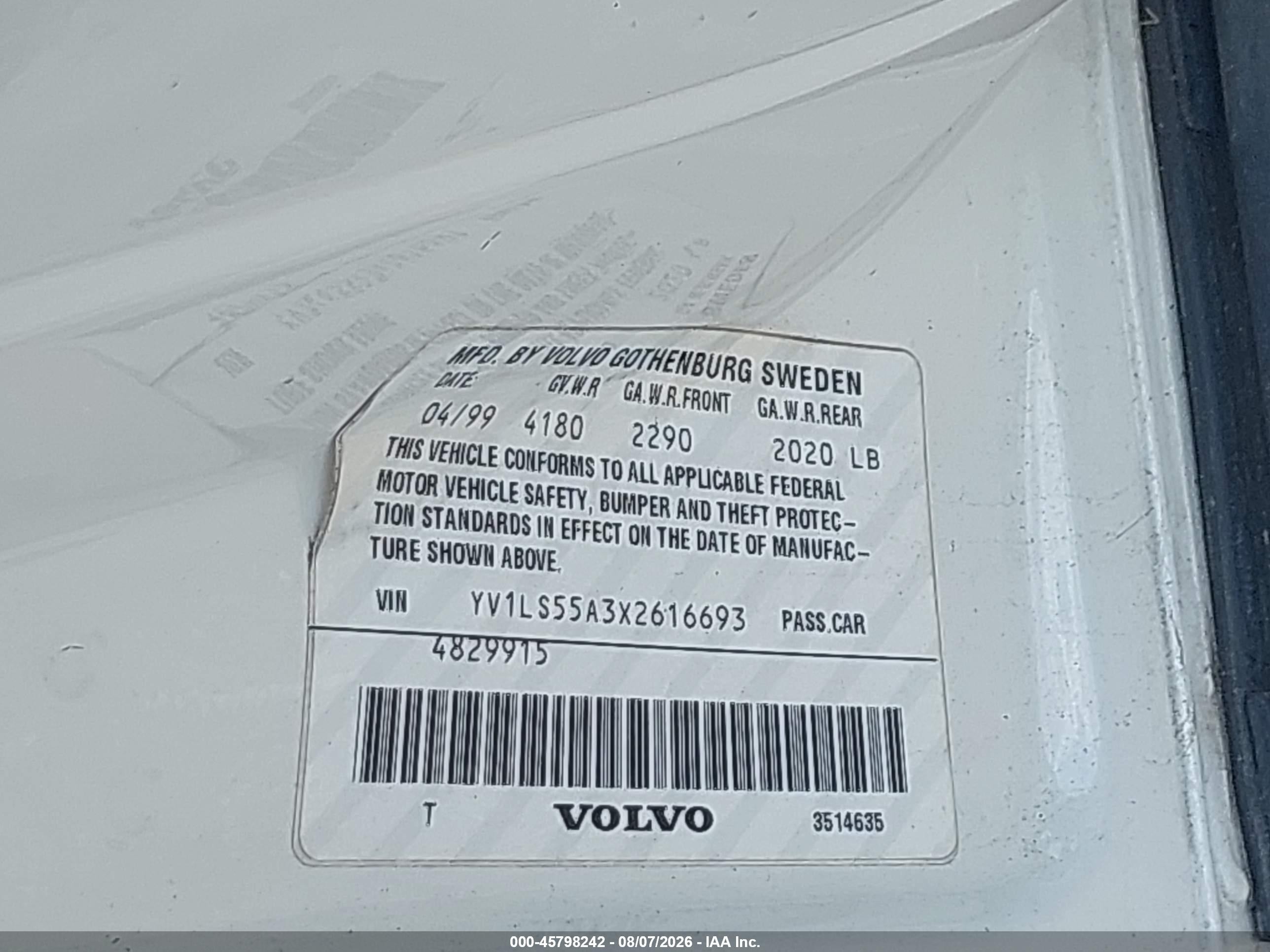 1999 Volvo S70   White vin: YV1LS55A3X2616693