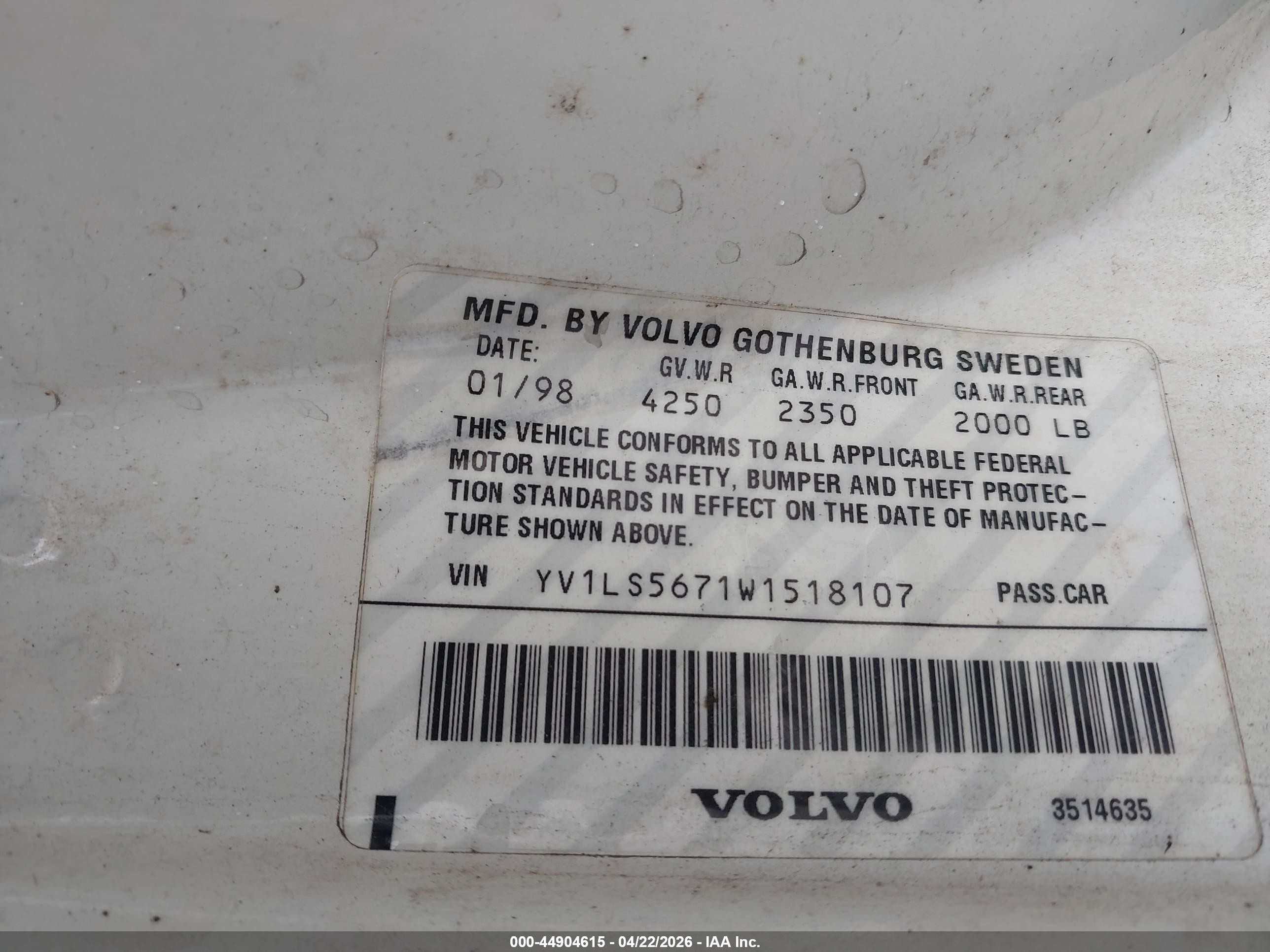 1998 Volvo S70 Glt White vin: YV1LS5671W1518107