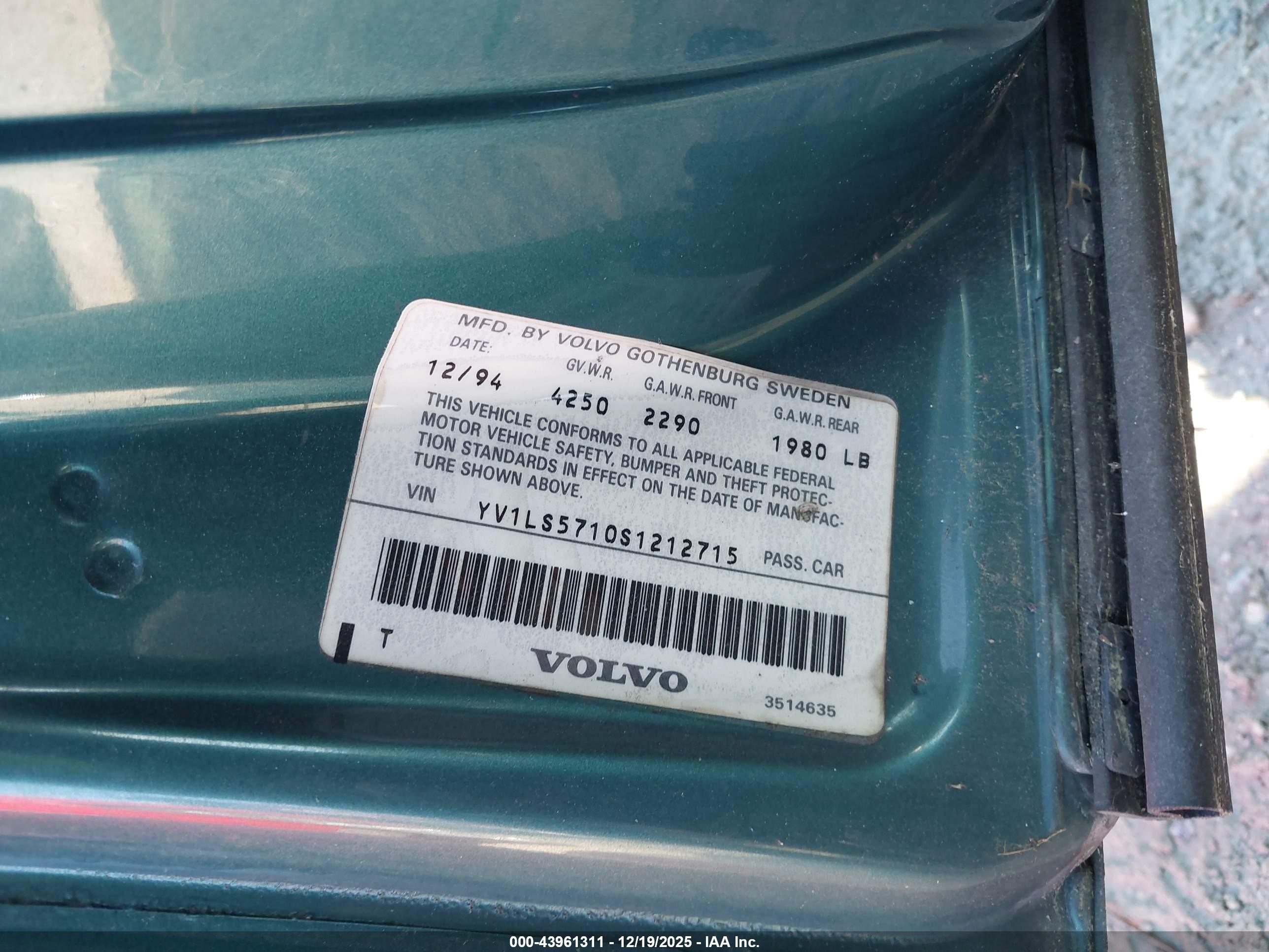 1995 Volvo 850   Teal vin: YV1LS5710S1212715