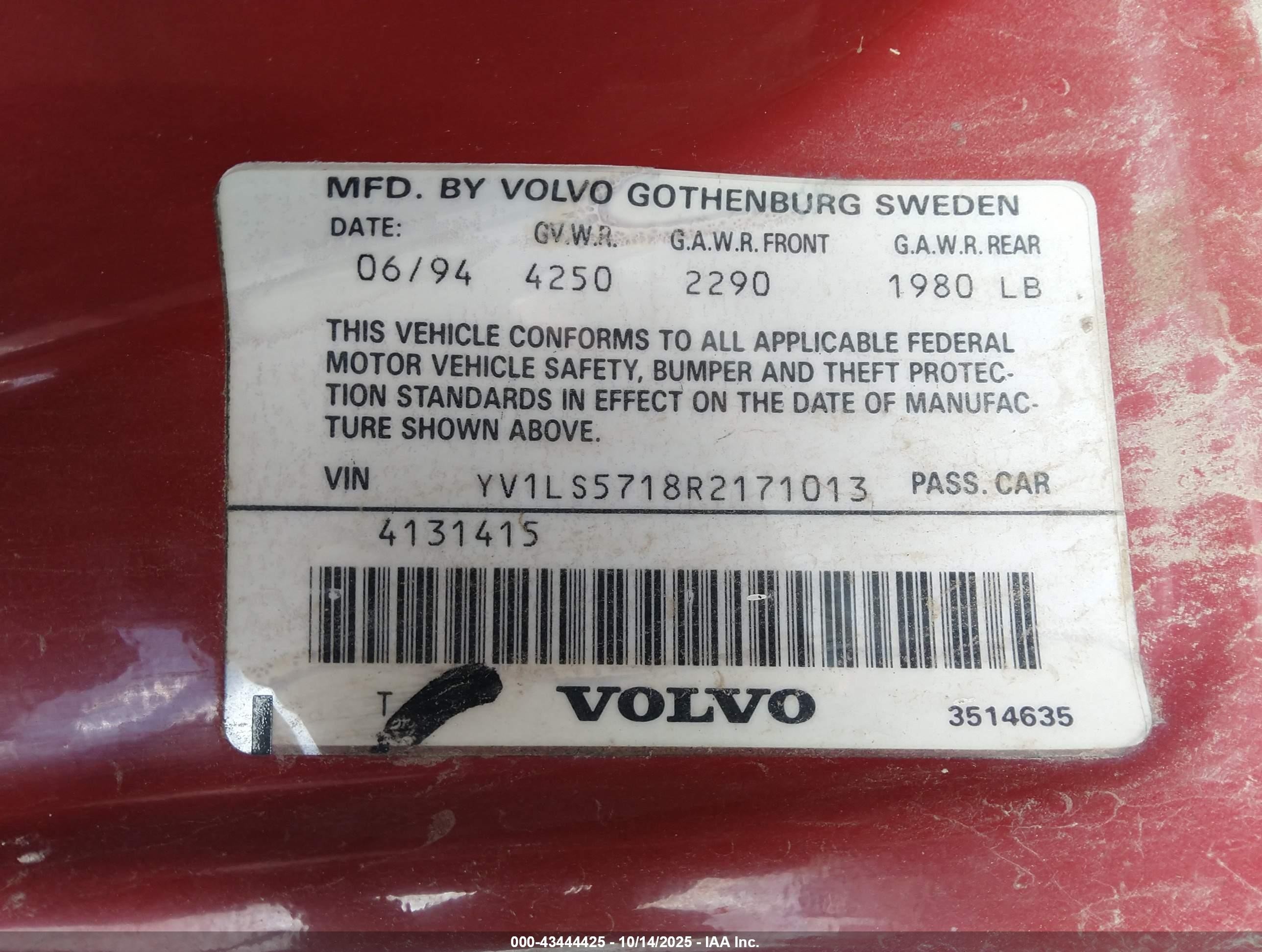 1994 Volvo 850   Red vin: YV1LS5718R2171013