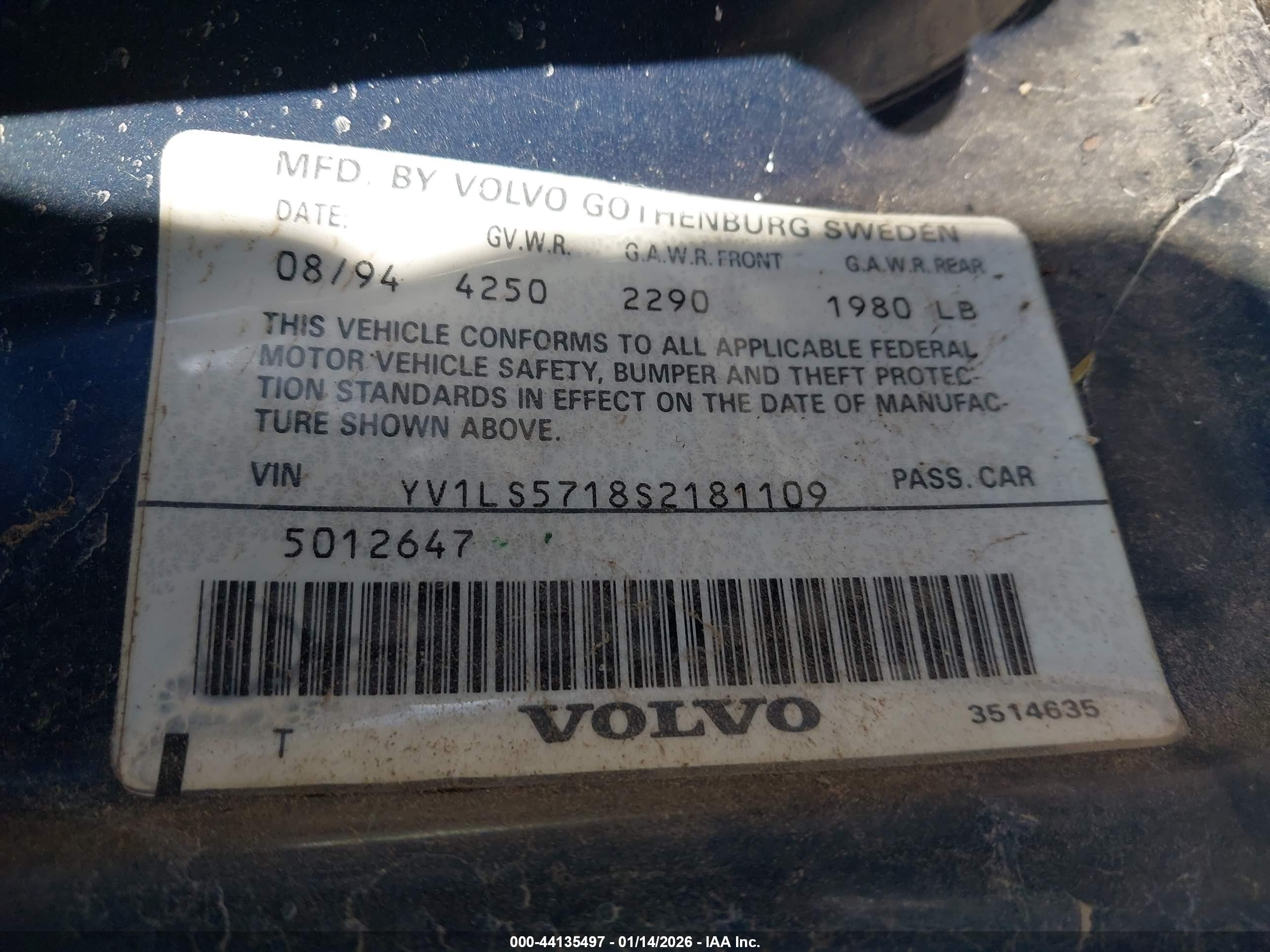 1995 Volvo 850   Black vin: YV1LS5718S2181109
