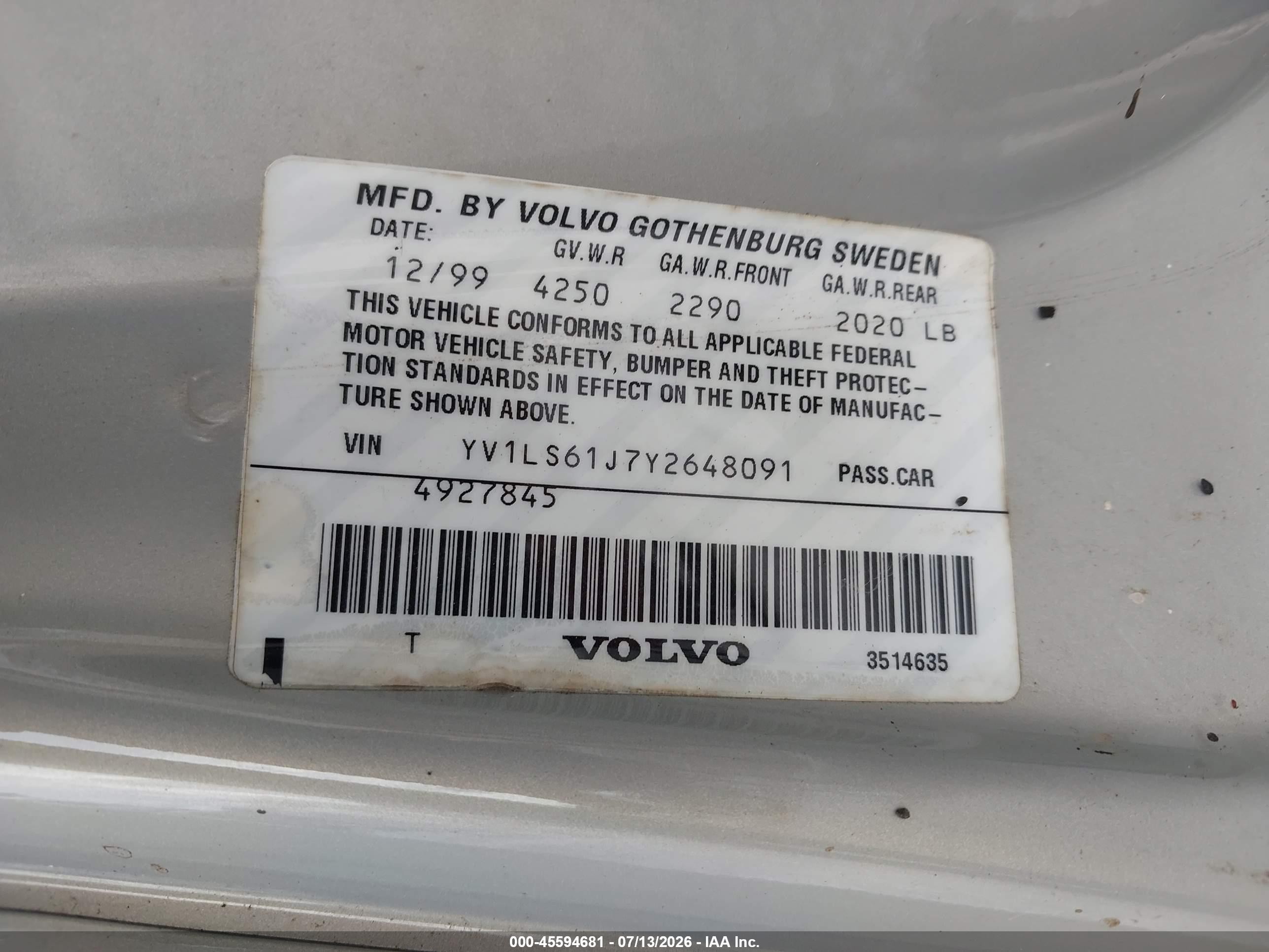 2000 Volvo S70 Se Champagne vin: YV1LS61J7Y2648091