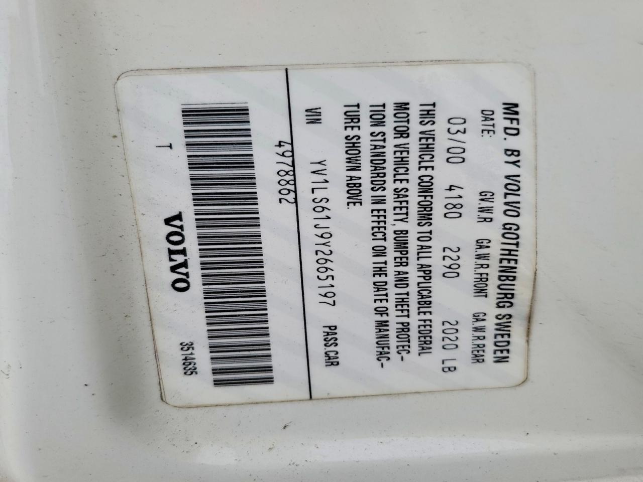 2000 Volvo S70 Base White vin: YV1LS61J9Y2665197
