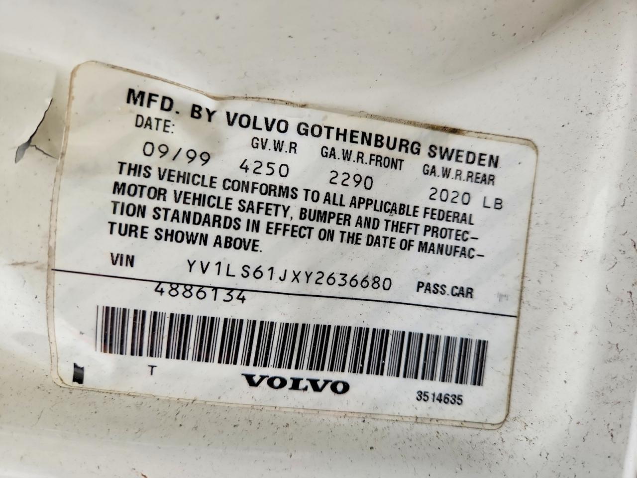 2000 Volvo S70 Base White vin: YV1LS61JXY2636680