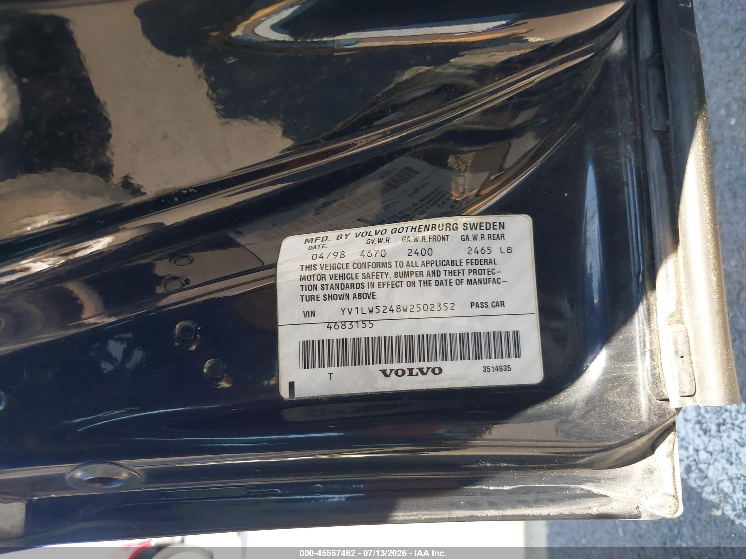1998 Volvo V70 R Black vin: YV1LW5248W2502352