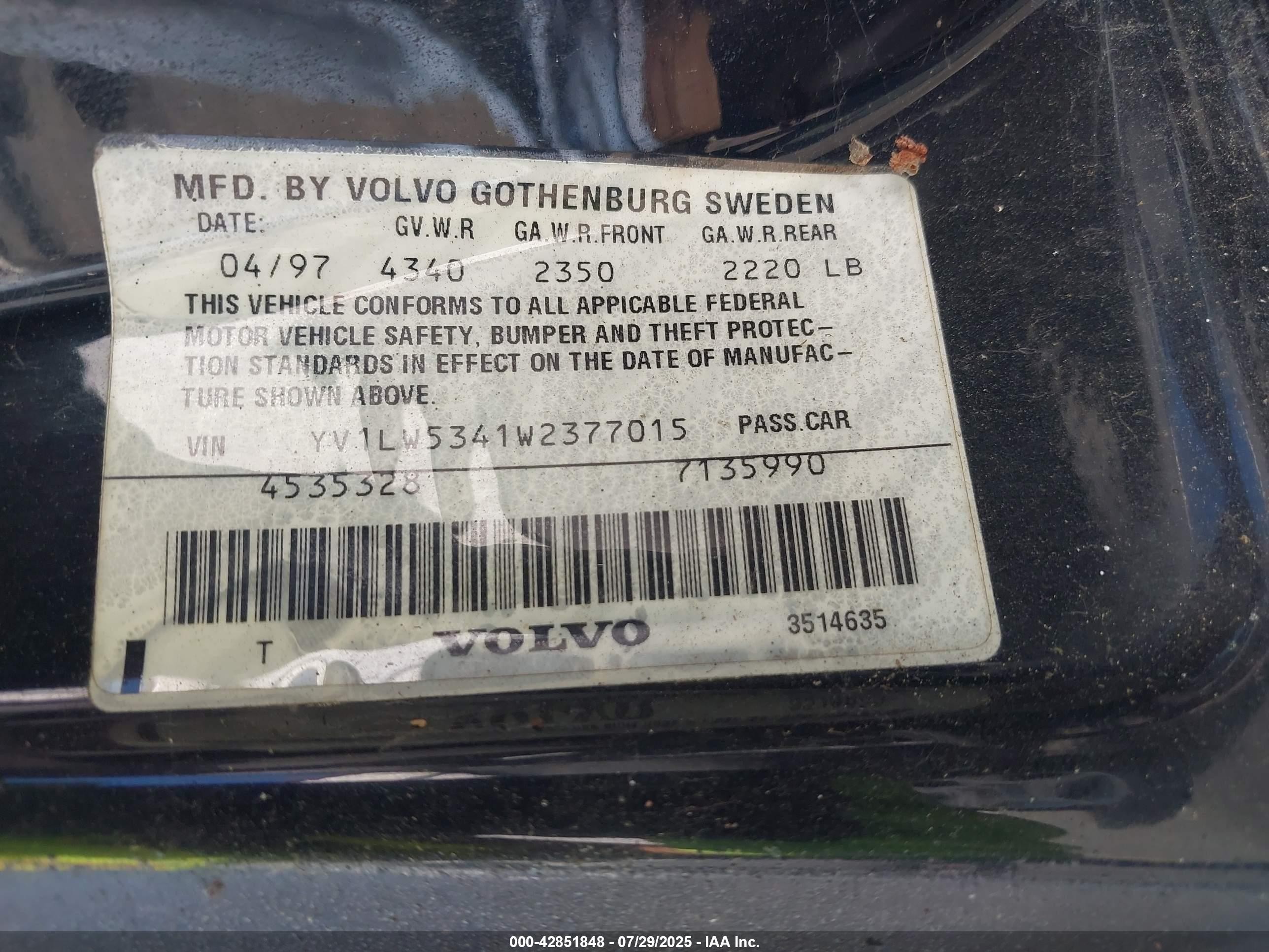 1998 Volvo V70 T5 Серебряный vin: YV1LW5341W2377015